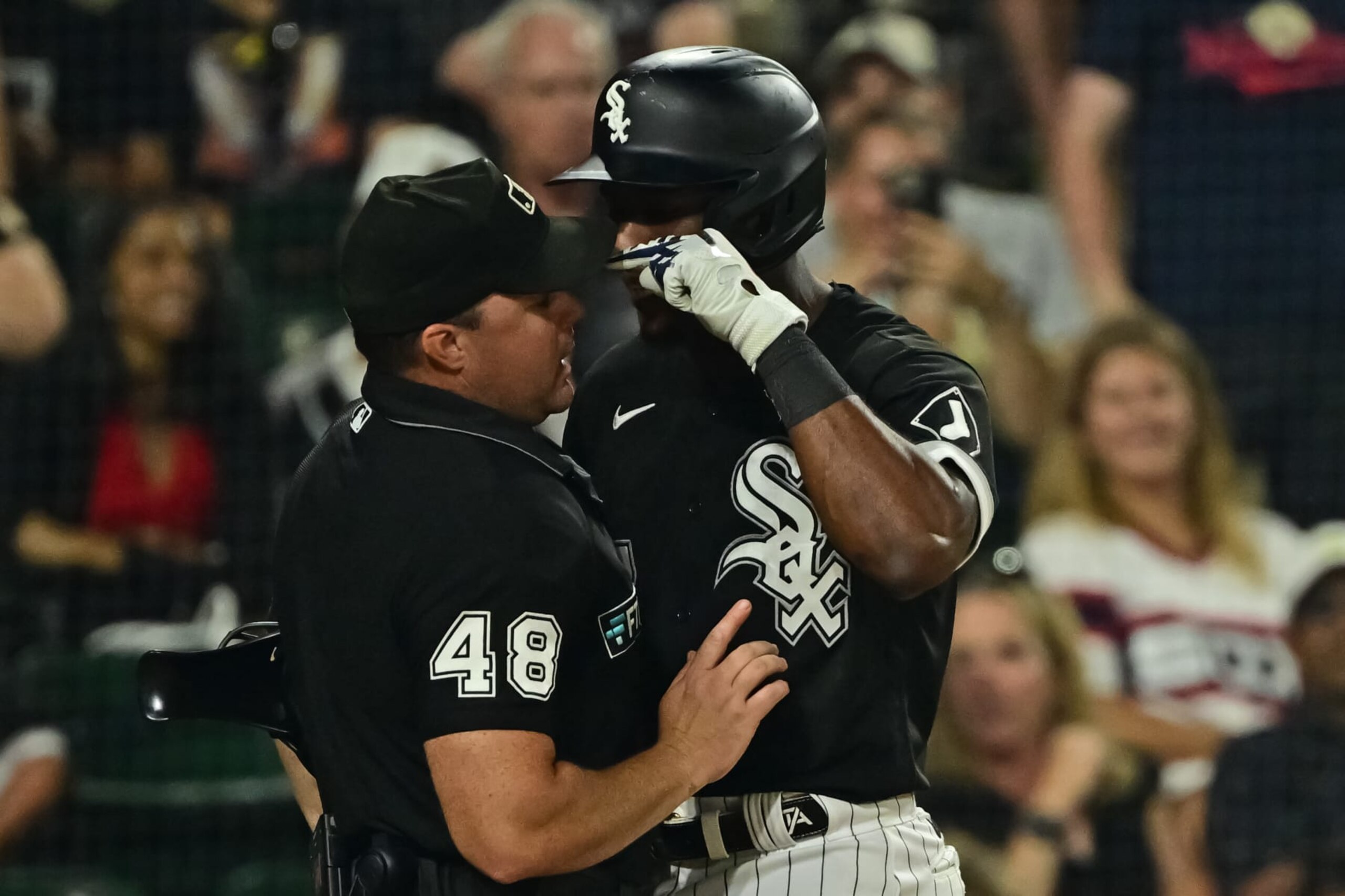 CHICAGO, ILLINOIS - JULY 29: Tim Anderson #7 of the Chicago White Sox is tossed from the game after apparent contact with umpire Nick Mahrley #48 in the seventh inning against the Oakland Athletics at Guaranteed Rate Field on July 29, 2022 in Chicago, Illinois. (Photo by Quinn Harris/Getty Images)