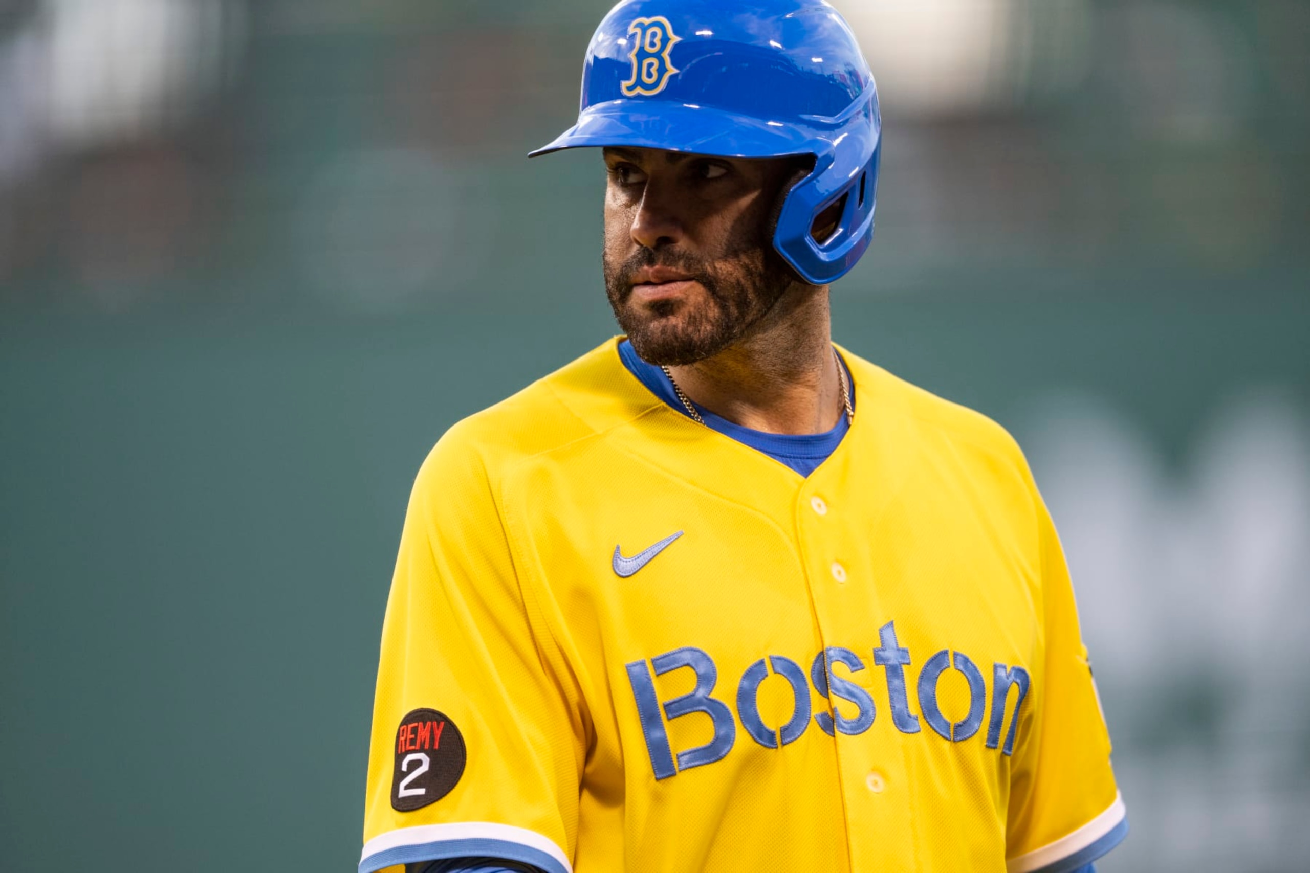 BOSTON, MA - JULY 27: J.D. Martinez #28 of the Boston Red Sox looks on during the second inning of a game against the Cleveland Guardians on July 27, 2022 at Fenway Park in Boston, Massachusetts. (Photo by Billie Weiss/Boston Red Sox/Getty Images)