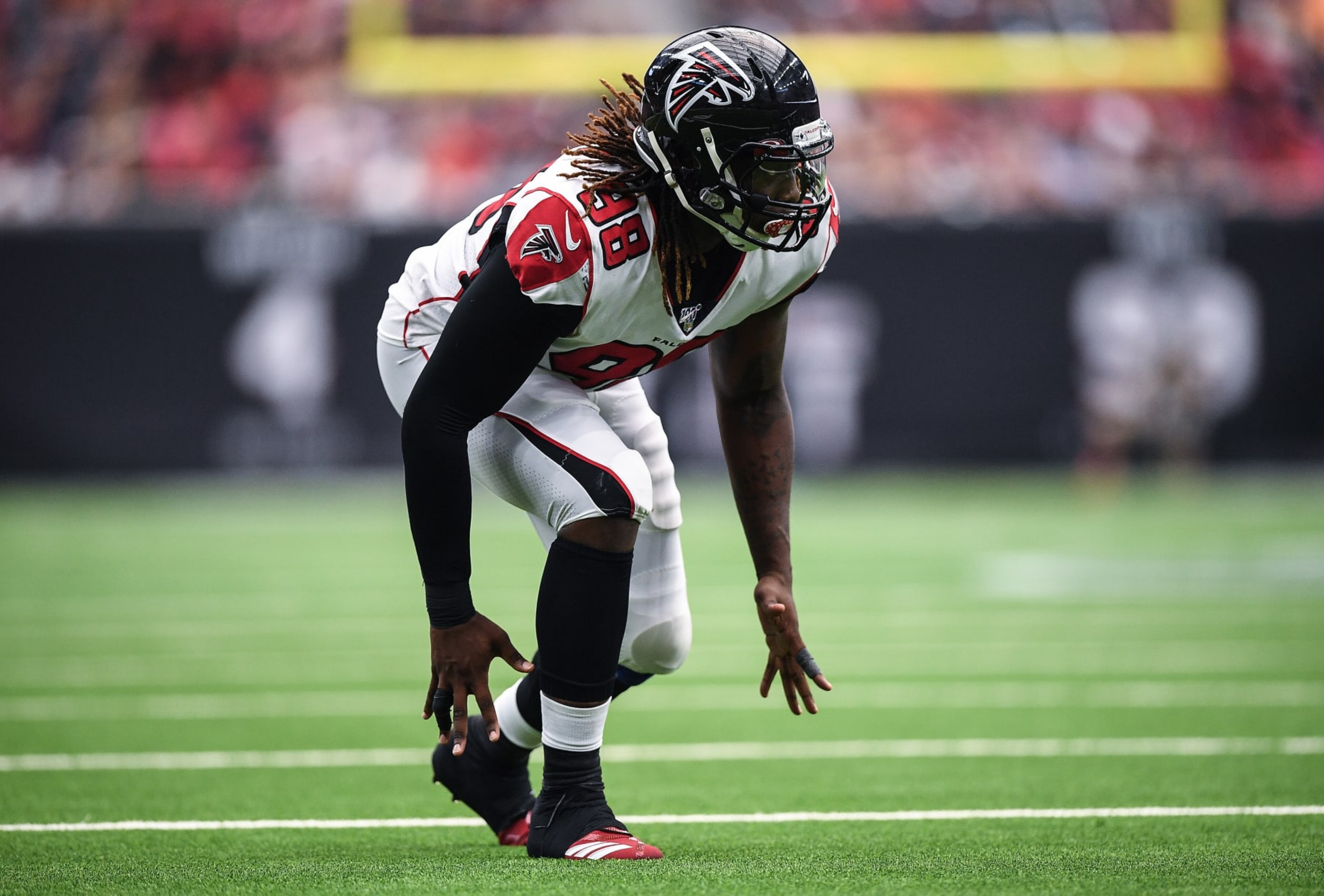 HOUSTON, TEXAS - OCTOBER 06: Takk McKinley #98 of the Atlanta Falcons in action in the fourth quarter against the Houston Texans at NRG Stadium on October 06, 2019 in Houston, Texas. (Photo by Mark Brown/Getty Images) HOUSTON, TEXAS - OCTOBER 06: Takk McKinley #98 of the Atlanta Falcons in action in the fourth quarter against the Houston Texans at NRG Stadium on October 06, 2019 in Houston, Texas. (Photo by Mark Brown/Getty Images)