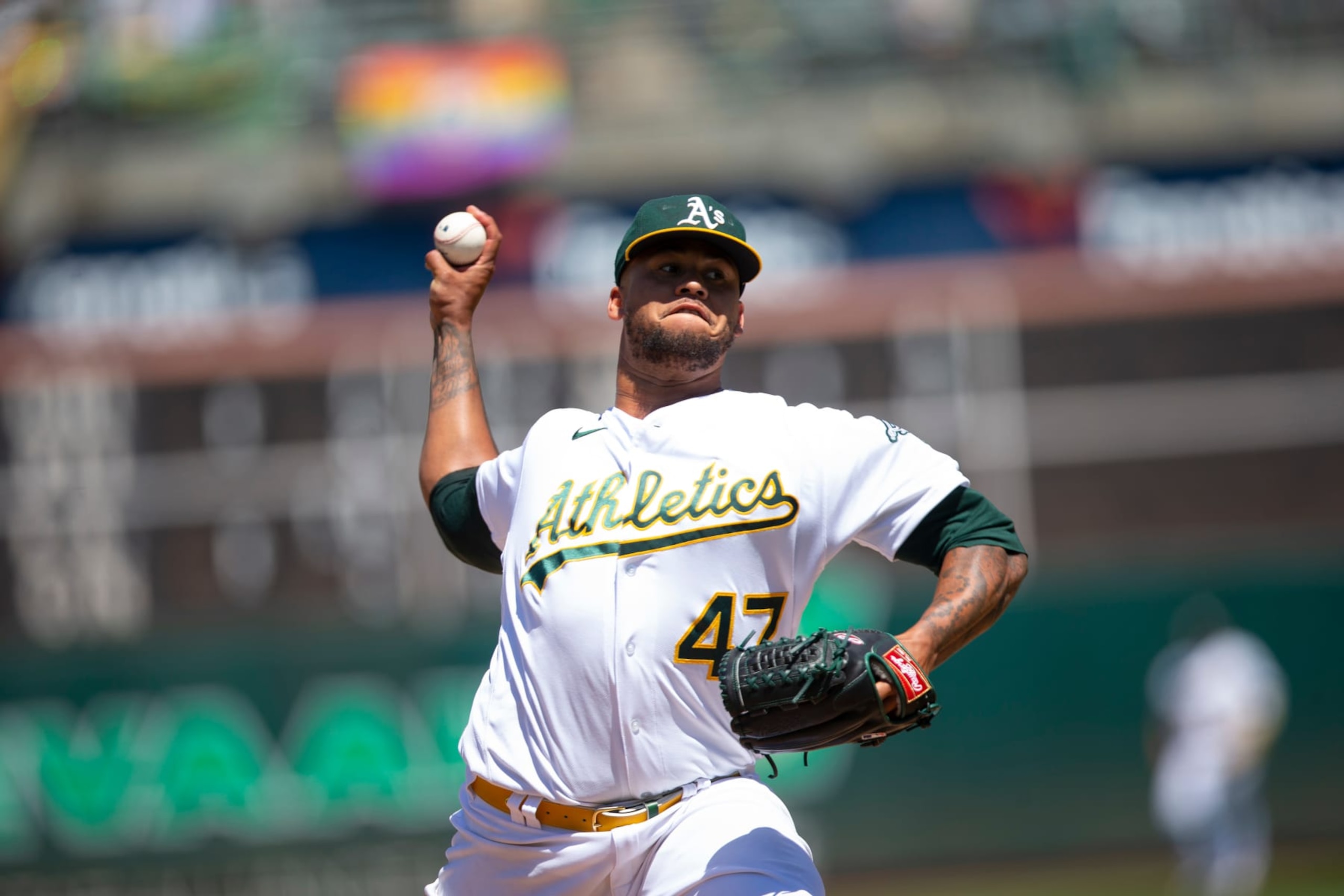 OAKLAND, CA - JUNE 23: Frankie Montas #47 of the Oakland Athletics pitches during the game against the Seattle Mariners at RingCentral Coliseum on June 23, 2022 in Oakland, California. The Mariners defeated the Athletics 2-1. (Photo by Michael Zagaris/Oakland Athletics/Getty Images)