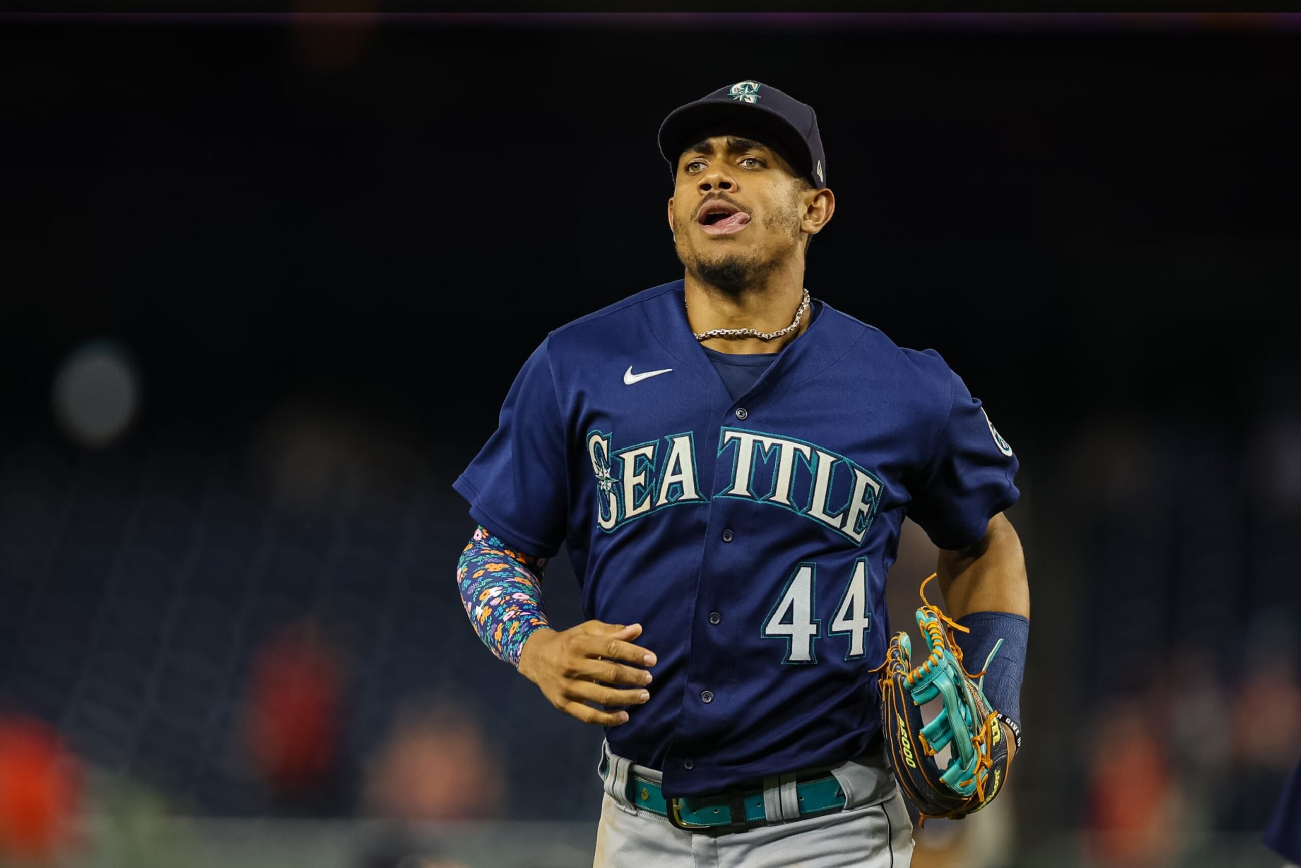 WASHINGTON, DC - JULY 13: Julio Rodriguez #44 of the Seattle Mariners looks on after game two of a doubleheader against the Washington Nationals at Nationals Park on July 13, 2022 in Washington, DC.  (Photo by Scott Taetsch/Getty Images)