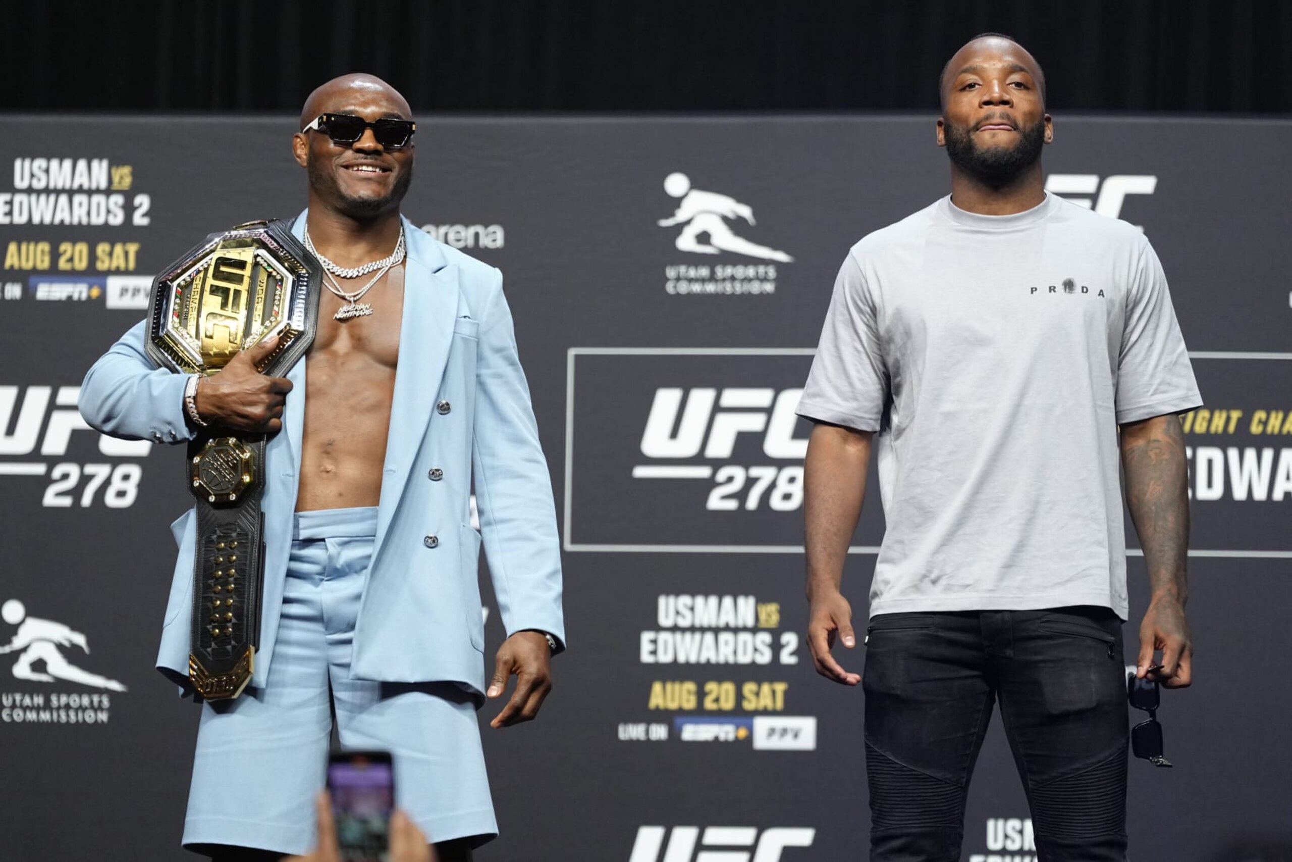 LAS VEGAS, NEVADA - JULY 01: (L-R) Opponents Kamaru Usman and Leon Edwards pose on stage during the UFC 278 press conference at T-Mobile Arena on July 01, 2022 in Las Vegas, Nevada. (Photo by Jeff Bottari/Zuffa LLC)