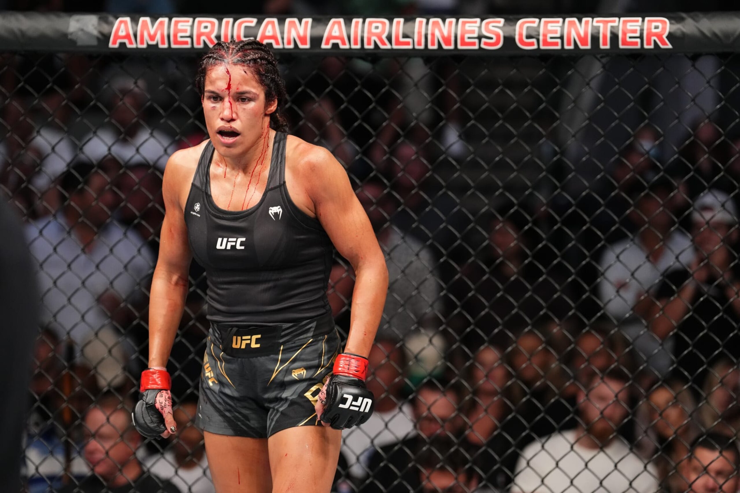 DALLAS, TEXAS - JULY 30: Julianna Pena stands in her corner between rounds against Amanda Nunes of Brazil in the UFC bantamweight championship fight during the UFC 277 event at American Airlines Center on July 30, 2022 in Dallas, Texas. (Photo by Josh Hedges/Zuffa LLC)