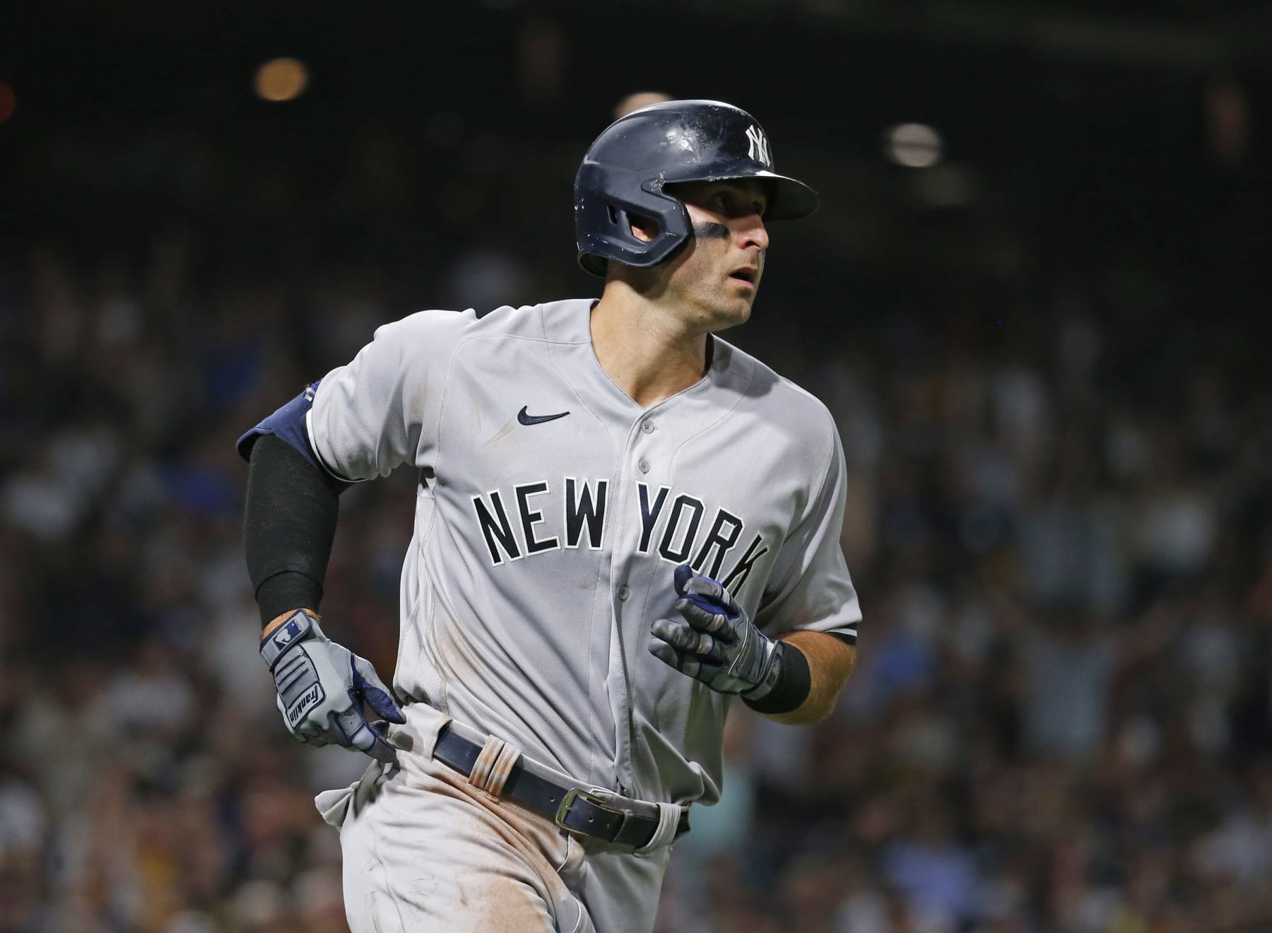 PITTSBURGH, PA - JULY 06:  Joey Gallo #13 of the New York Yankees hits  a home run in the sixth inning against the Pittsburgh Pirates at PNC Park on July 6, 2022 in Pittsburgh, Pennsylvania.  (Photo by Justin K. Aller/Getty Images)