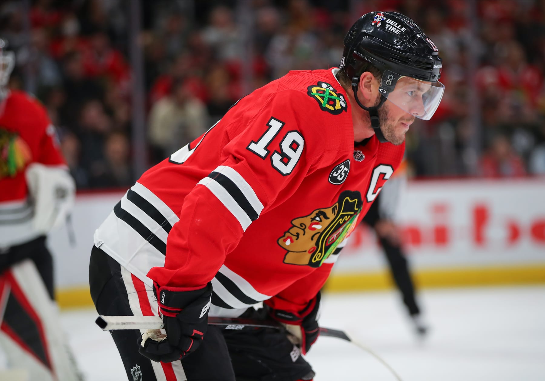 CHICAGO, IL - APRIL 27: Chicago Blackhawks center Jonathan Toews (19) looks on during a game between the Vegas Golden Knights and the Chicago Blackhawks on April 27, 2022 at the United Center in Chicago, IL. (Photo by Melissa Tamez/Icon Sportswire via Getty Images)