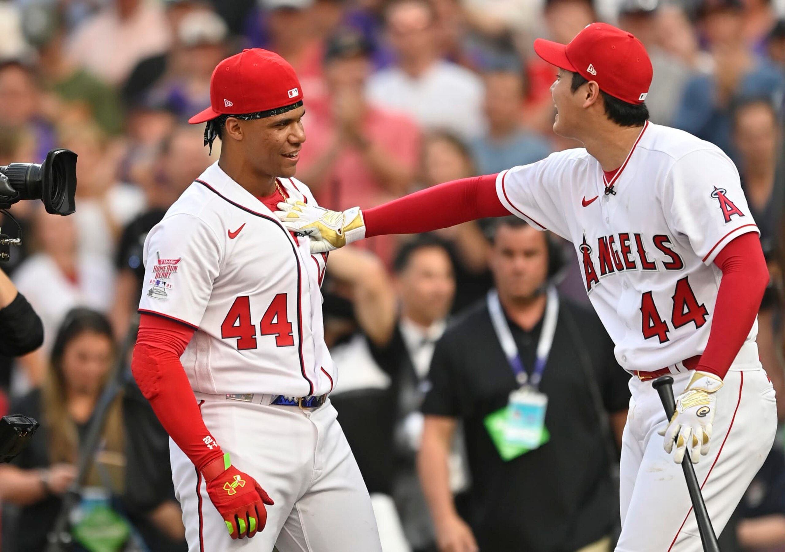 DENVER, COLORADO - JULY 12: Shohei Ohtani #17 of the Los Angeles Angels reacts during the 2021 T-Mobile Home Run Derby at Coors Field on July 12, 2021 in Denver, Colorado. (Photo by Dustin Bradford/Getty Images)