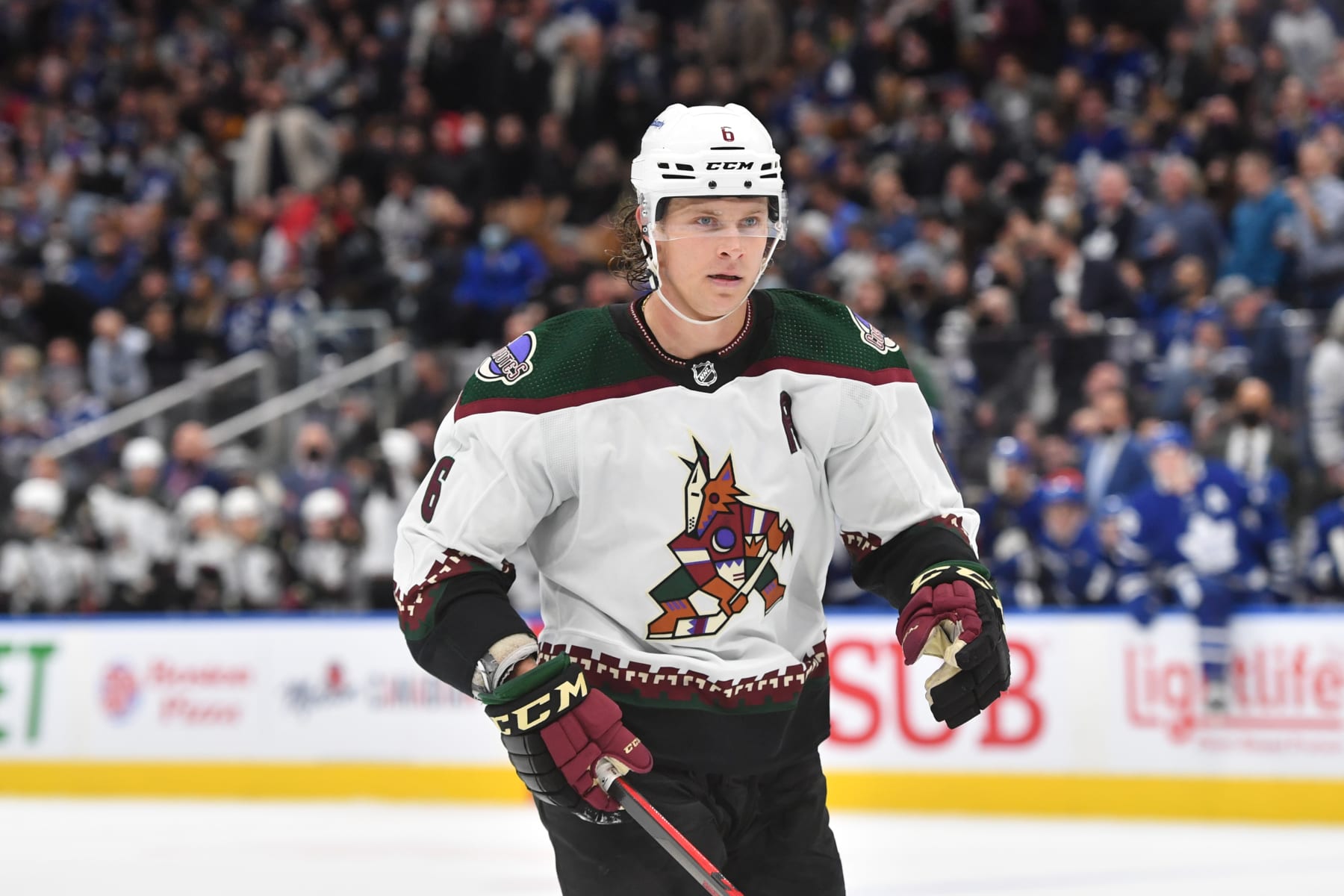 TORONTO, ON - MARCH 10: Arizona Coyotes Defenceman Jakob Chychrun (6) skates onto the ice for the face off in over time during the NHL regular season game between the Arizona Coyotes and the Toronto Maple Leafs on March 10, 2022, at Scotiabank Arena in Toronto, ON, Canada. (Photo by Gavin Napier/Icon Sportswire via Getty Images)