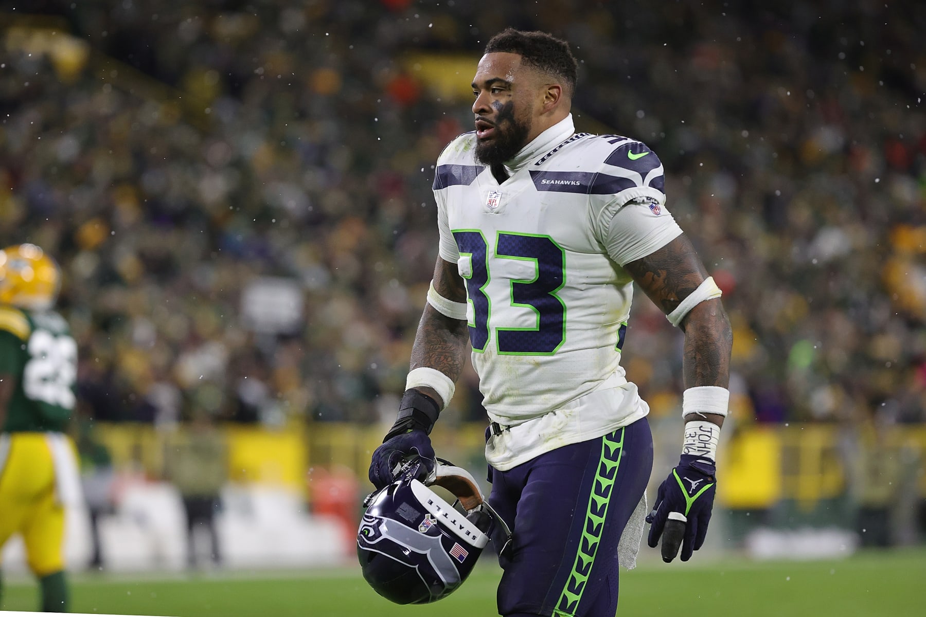 GREEN BAY, WISCONSIN - NOVEMBER 14: Jamal Adams #33 of the Seattle Seahawks waits for a timeout during a game against the Green Bay Packers at Lambeau Field on November 14, 2021 in Green Bay, Wisconsin.  The Packers defeated the Seahawks 17-0.  (Photo by Stacy Revere/Getty Images)