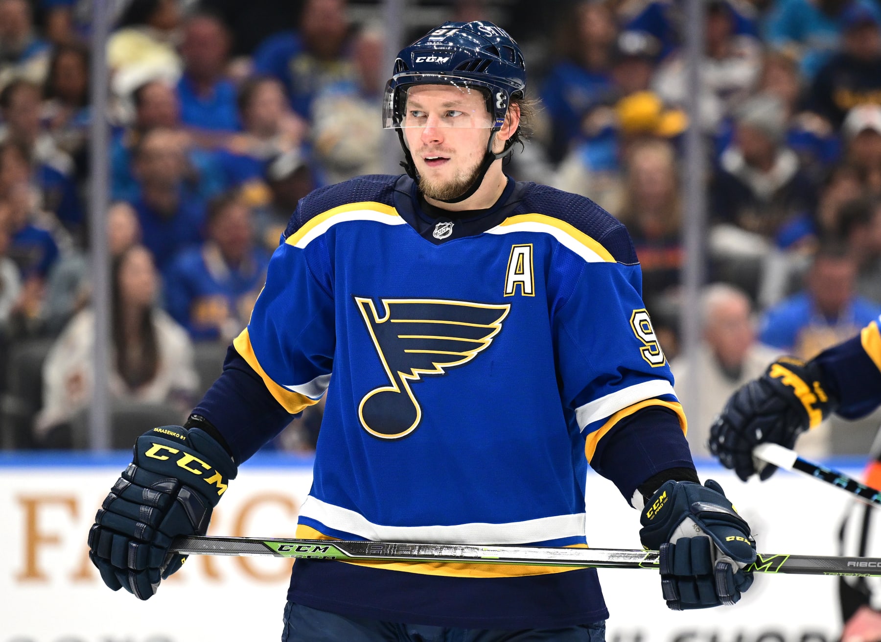 ST. LOUIS, MO - MAY 23: St. Louis Blues right wing Vladimir Tarasenko (91) waits for a face off during Round 2 Game 4 of the NHL Stanley Cup Playoffs between the Colorado Avalanche and the St. Louis Blues on May 23, 2022, at Enterprise Center, St. Louis, MO.  (Photo by Keith Gillett/Icon Sportswire via Getty Images),