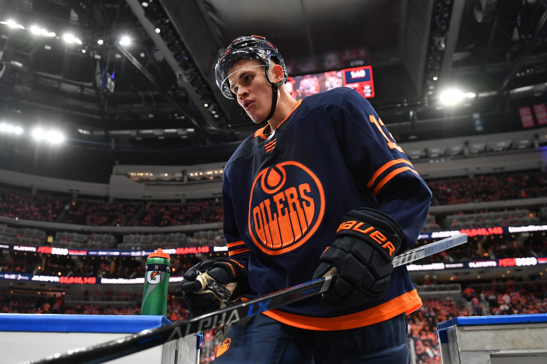 EDMONTON, AB - MAY 4: Jesse Puljujarvi #13 of the Edmonton Oilers steps off the ice prior to Game Two of the First Round of the 2022 Stanley Cup Playoffs against the Los Angeles Kings on May 4, 2022 at Rogers Place in Edmonton, Alberta, Canada. (Photo by Andy Devlin/NHLI via Getty Images)