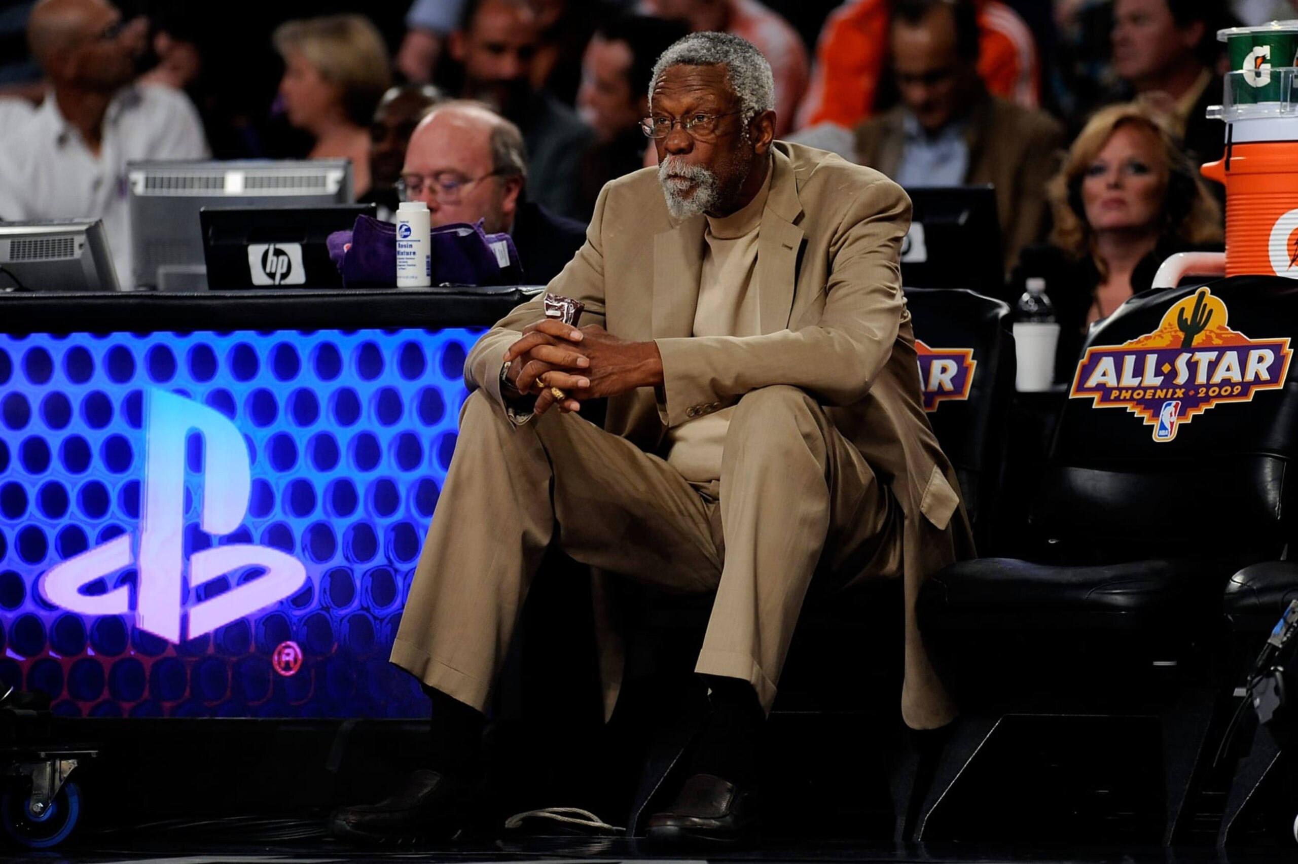 PHOENIX - FEBRUARY 14:  NBA legend Bill Russell sits courtside at NBA All-Star Saturday Night, part of 2009 NBA All-Star Weekend at US Airways Center on February 14, 2009 in Phoenix, Arizona.  NOTE TO USER: User expressly acknowledges and agrees that, by downloading and or using this photograph, User is consenting to the terms and conditions of the Getty Images License Agreement.  (Photo by Kevork Djansezian/Getty Images)