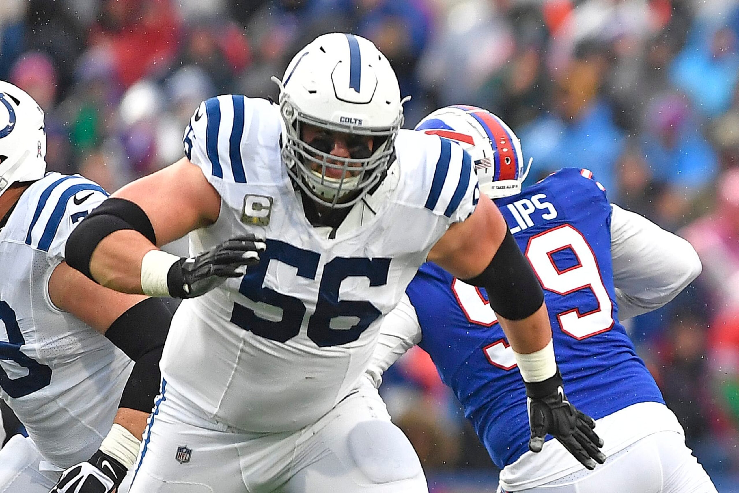 Indianapolis Colts guard Quenton Nelson (56) plays during the second half of an NFL football game against the Buffalo Bills in Orchard Park, N.Y., Sunday, Nov. 21, 2021. (AP Photo/Adrian Kraus)