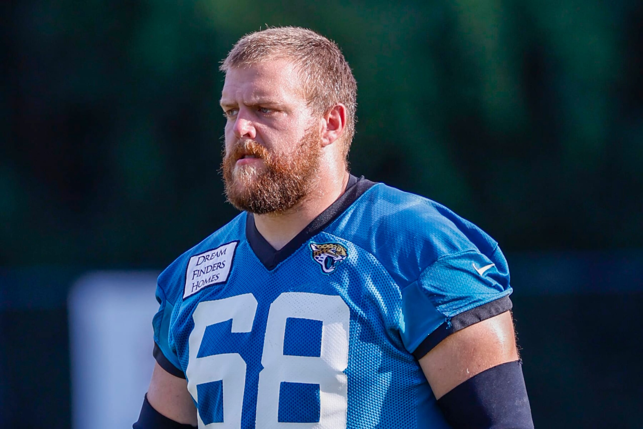 JACKSONVILLE, FL - JULY 26: Jacksonville Jaguars offensive guard Brandon Scherff (68) during training camp on July 26, 2022 at Episcopal School of Jacksonville in Jacksonville, Fl. (Photo by David Rosenblum/Icon Sportswire via Getty Images)