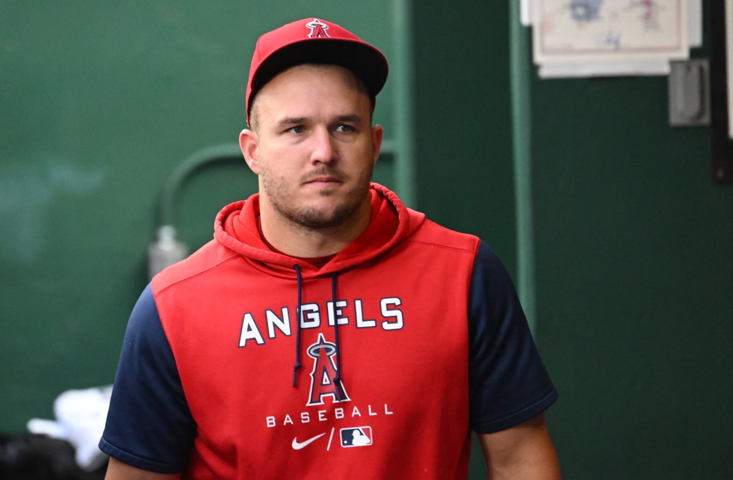 KANSAS CITY, MO - JULY 25: Los Angeles Angels outfielder Mike Trout (27) as seen in the dugout during a MLB game between the Los Angeles Angels and the Kansas City Royals on July 25, 2022, at Kauffman Stadium, Kansas City, MO. Photo by Keith Gillett/Icon Sportswire via Getty Images), KANSAS CITY, MO - JULY 25: Los Angeles Angels outfielder Mike Trout (27) as seen in the dugout during a MLB game between the Los Angeles Angels and the Kansas City Royals on July 25, 2022, at Kauffman Stadium, Kansas City, MO. Photo by Keith Gillett/Icon Sportswire via Getty Images),
