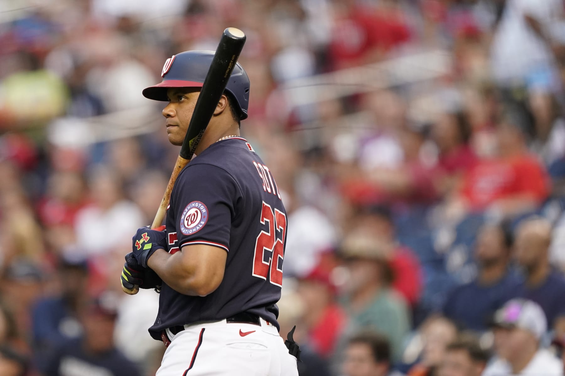Washington Nationals right fielder Juan Soto prepares for an at-bat during a baseball game against the St. Louis Cardinals, Friday, July 29, 2022, in Washington. (AP Photo/Patrick Semansky)