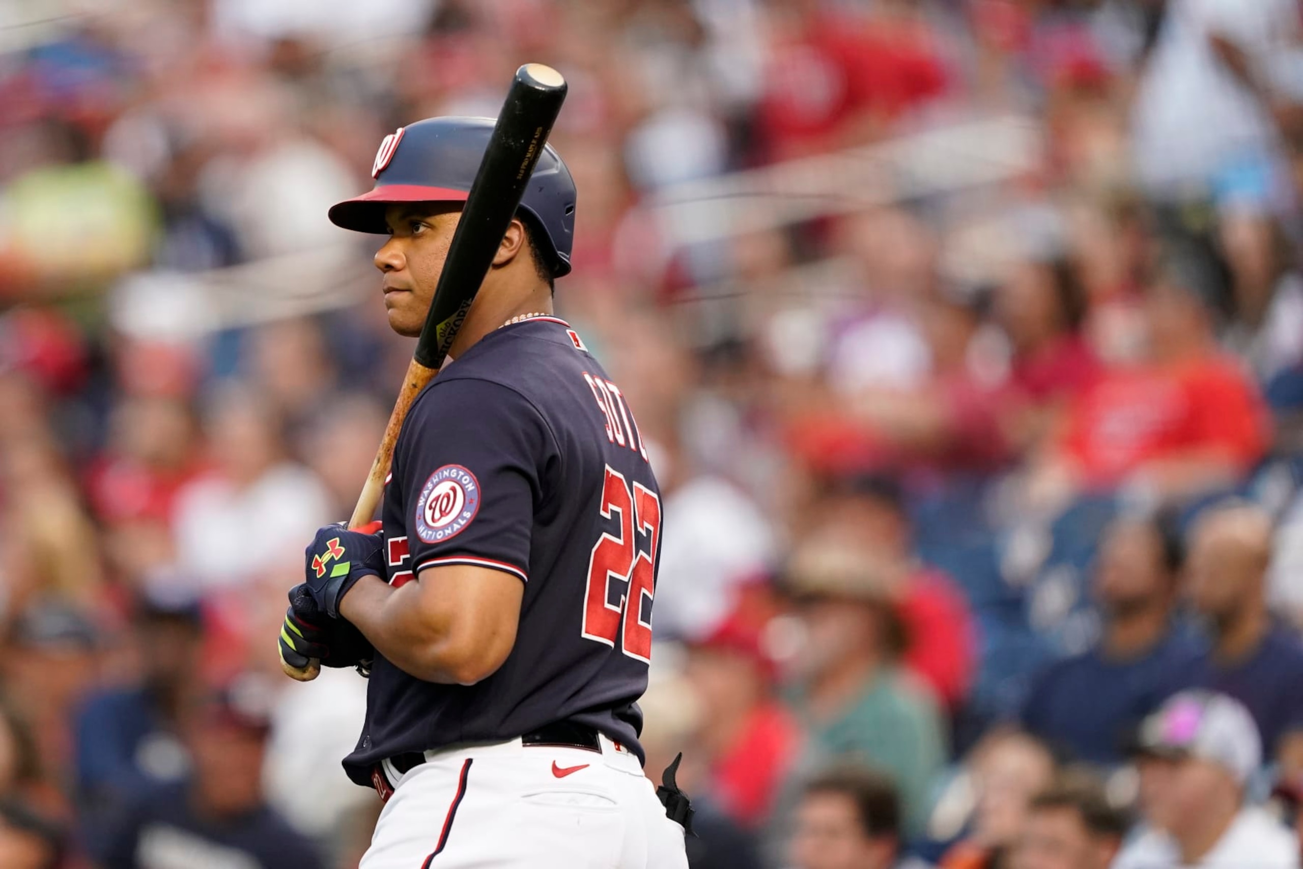 Washington Nationals right fielder Juan Soto prepares for an at-bat during a baseball game against the St. Louis Cardinals, Friday, July 29, 2022, in Washington. (AP Photo/Patrick Semansky)
