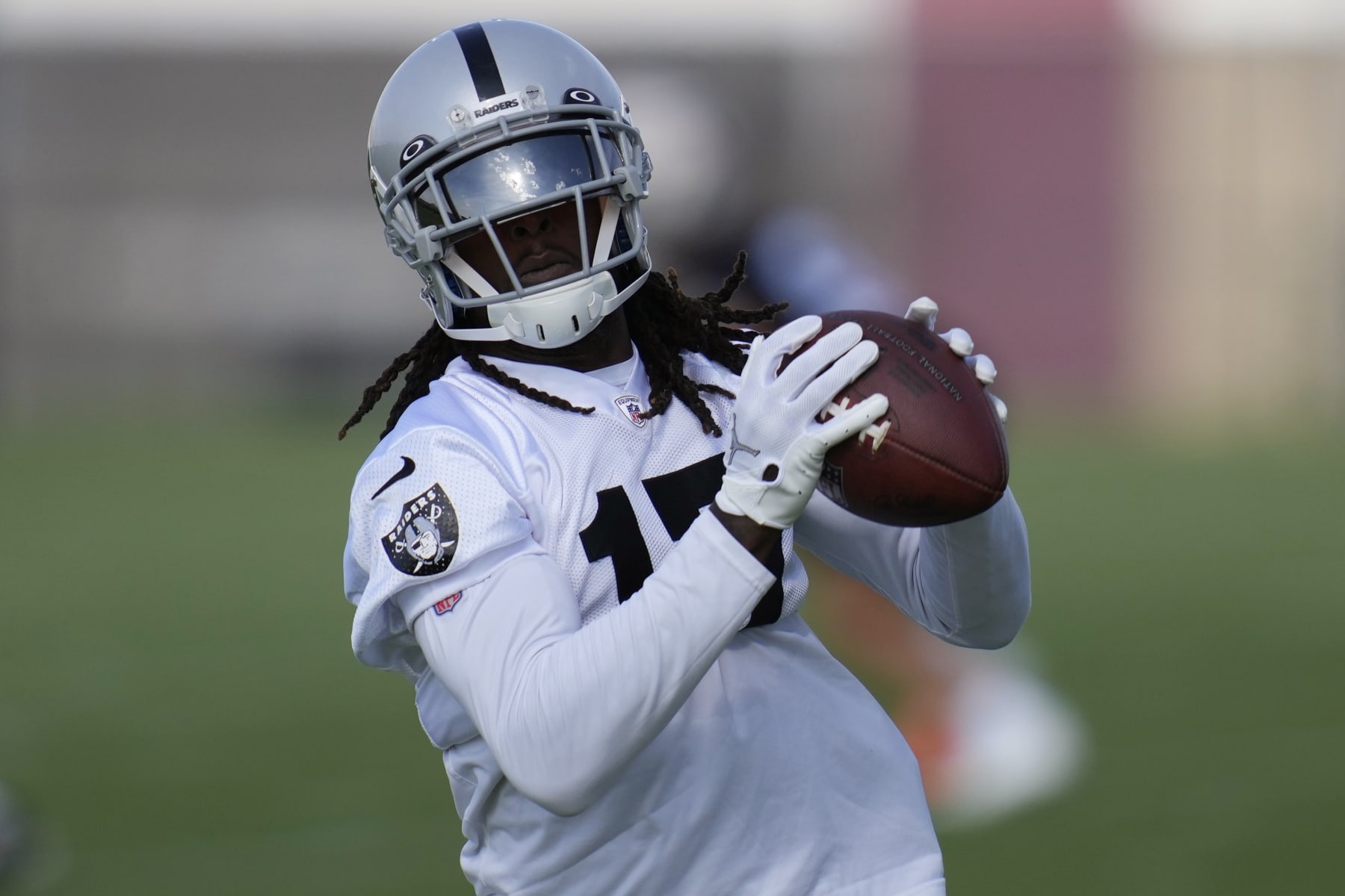 Las Vegas Raiders' Davante Adams practices during NFL football training camp, Friday, July 22, 2022, in Henderson, Nev. (AP Photo/John Locher)