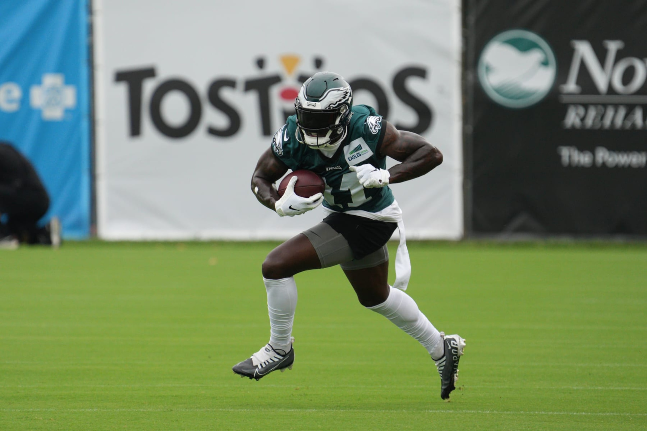 PHILADELPHIA, PA - JULY 29: Philadelphia Eagles wide receiver A.J. Brown (11) participates in training camp on July 29, 2022 at the NovaCare Complex in Philadelphia PA. (Photo by Andy Lewis/Icon Sportswire via Getty Images)