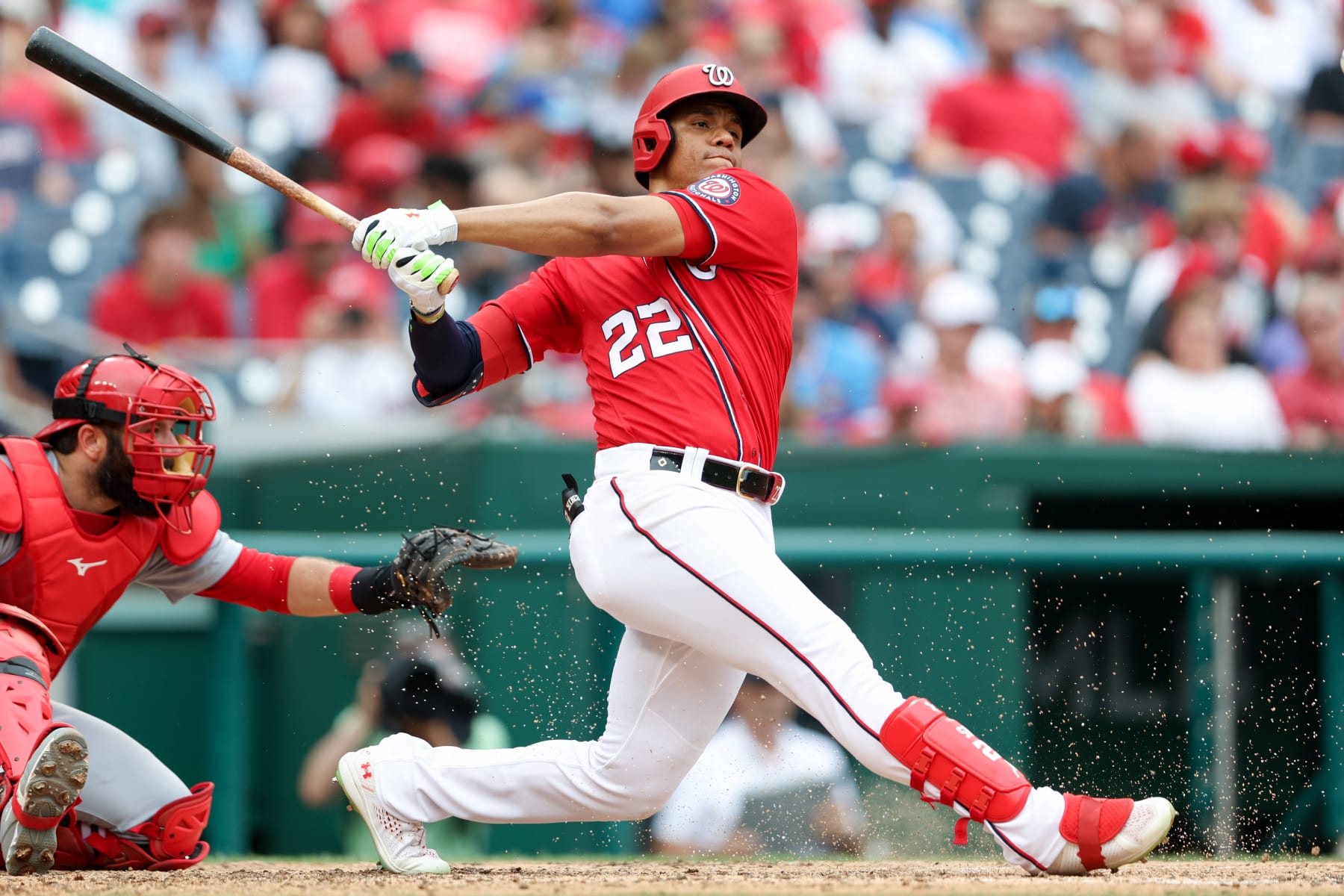 WASHINGTON, DC - JULY 31:   Juan Soto #22 of the Washington Nationals bats during the game between the St. Louis Cardinals and the Washington Nationals at Nationals Park on Sunday, July 31, 2022 in Washington, District of Columbia. (Photo by Rob Tringali/MLB Photos via Getty Images)