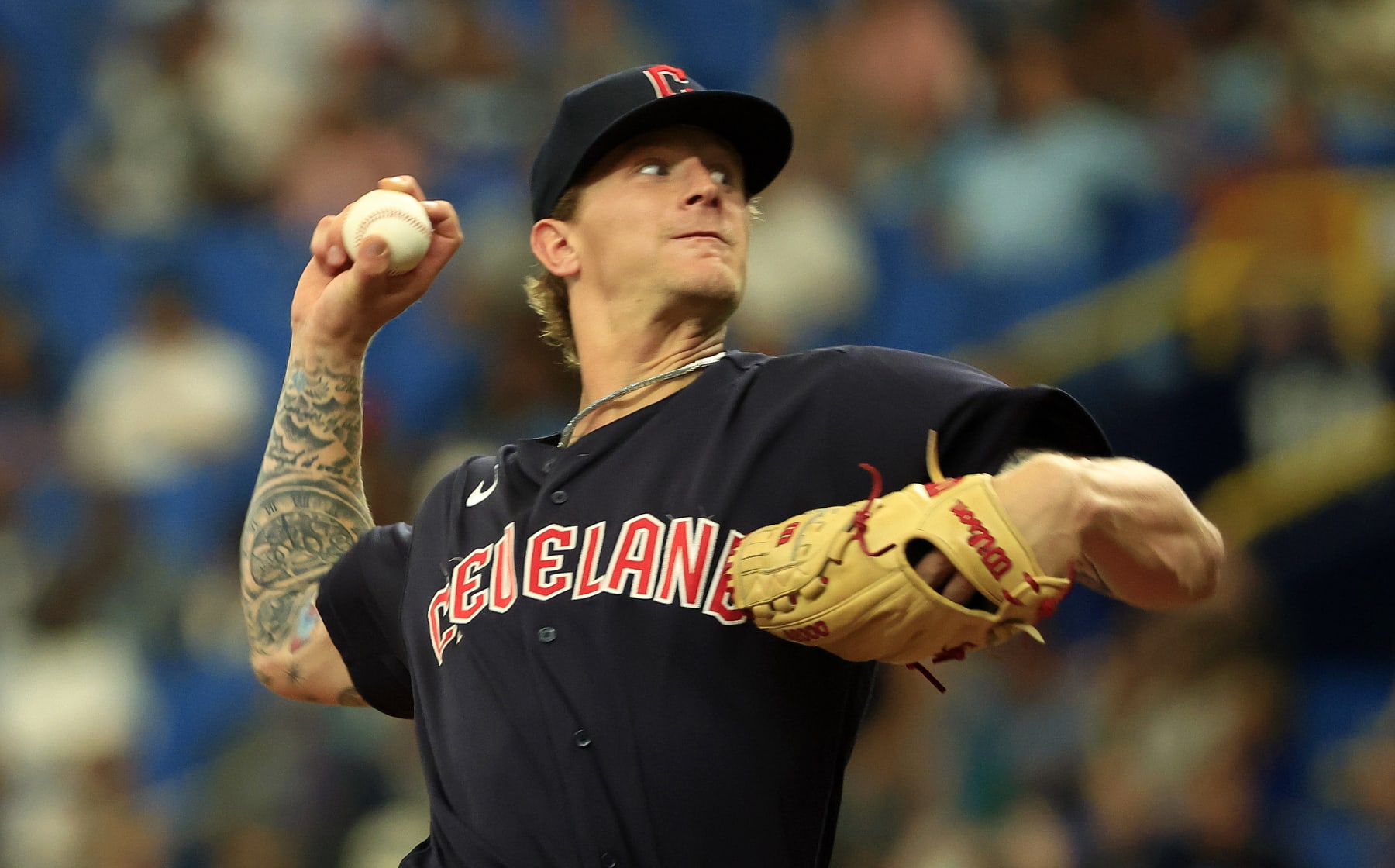 ST PETERSBURG, FLORIDA - JULY 30: Zach Plesac #34 of the Cleveland Guardians pitches  during a game against the Tampa Bay Rays at Tropicana Field on July 30, 2022 in St Petersburg, Florida. (Photo by Mike Ehrmann/Getty Images)