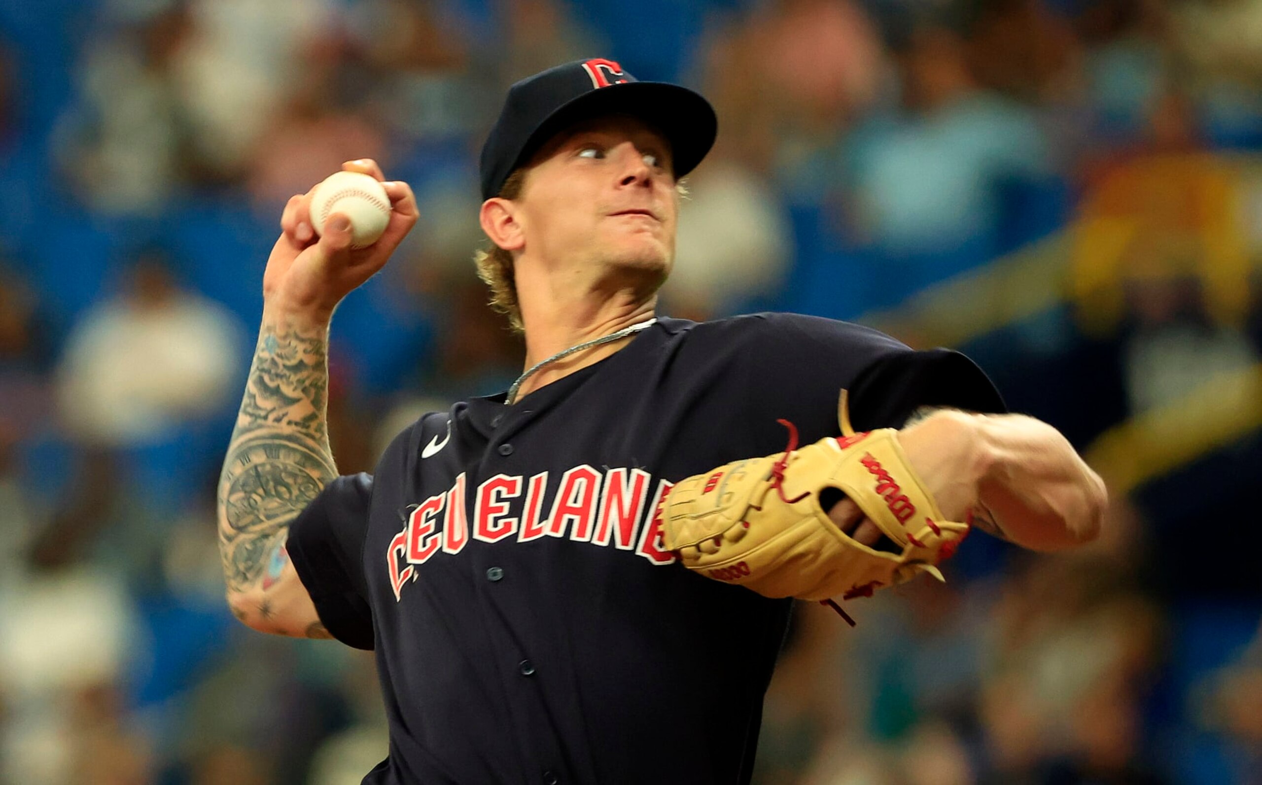 ST PETERSBURG, FLORIDA - JULY 30: Zach Plesac #34 of the Cleveland Guardians pitches  during a game against the Tampa Bay Rays at Tropicana Field on July 30, 2022 in St Petersburg, Florida. (Photo by Mike Ehrmann/Getty Images)