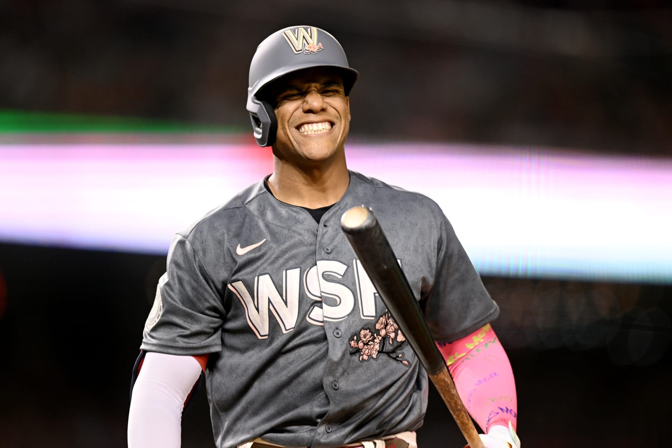 WASHINGTON, DC - JULY 30: Juan Soto #22 of the Washington Nationals reacts to a called strike in the seventh inning against the St. Louis Cardinals at Nationals Park on July 30, 2022 in Washington, DC. (Photo by Greg Fiume/Getty Images)
