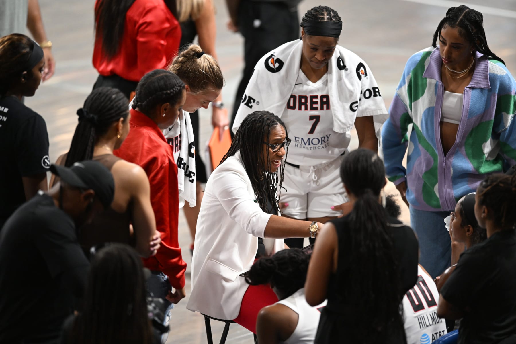 COLLEGE PARK, GA - JULY 30: Head Coach Tanisha Wright of the Atlanta Dream leads huddle during the game against the Dallas Wings on July 30, 2022 at Gateway Center Arena in College Park, Georgia.  NOTE TO USER: User expressly acknowledges and agrees that, by downloading and/or using this Photograph, user is consenting to the terms and conditions of the Getty Images License Agreement. Mandatory Copyright Notice: Copyright 2022 NBAE (Photo by Adam Hagy/NBAE via Getty Images)