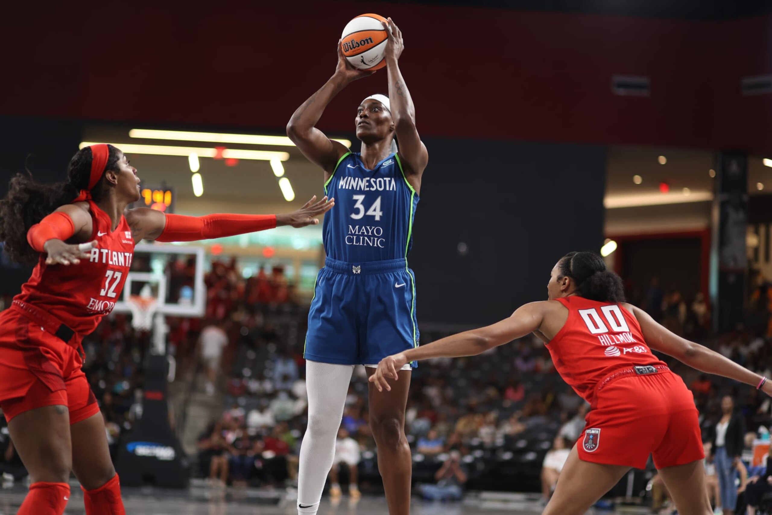 COLLEGE PARK, GA - JULY 28: Sylvia Fowles #34 of the Minnesota Lynx shoots the ball during the game against the Atlanta Dream on July 28, 2022 at Gateway Center Arena in College Park, Georgia. NOTE TO USER: User expressly acknowledges and agrees that, by downloading and/or using this Photograph, user is consenting to the terms and conditions of the Getty Images License Agreement. Mandatory Copyright Notice: Copyright 2022 NBAE (Photo by Chamberlain Smith/NBAE via Getty Images)