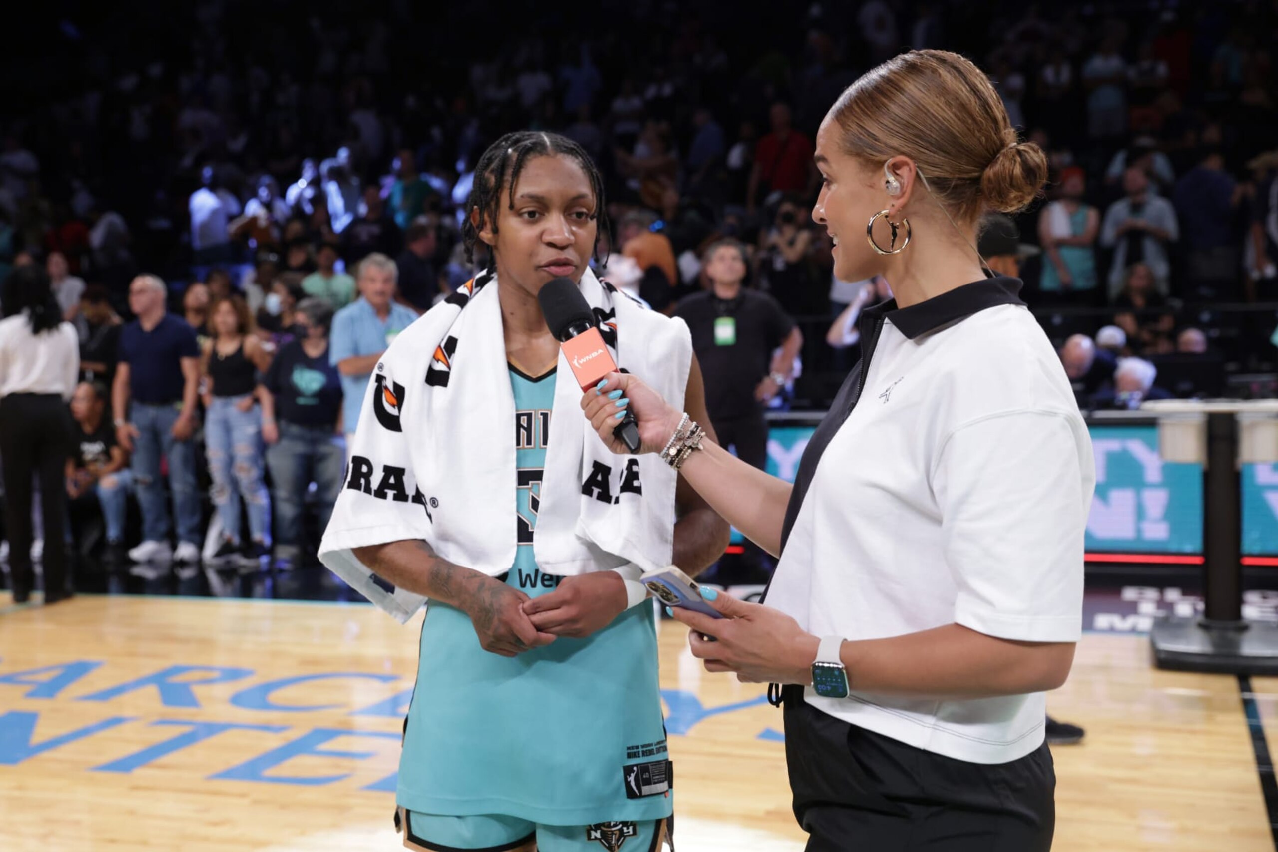 BROOKLYN, NY - JULY 31: Crystal Dangerfield #3 of the New York Liberty talks to the media after the game against the Phoenix Mercury on July 31, 2022 at the Barclays Center in Brooklyn, New York. NOTE TO USER: User expressly acknowledges and agrees that, by downloading and or using this photograph, user is consenting to the terms and conditions of the Getty Images License Agreement. Mandatory Copyright Notice: Copyright 2022 NBAE (Photo by Steven Freeman/NBAE via Getty Images)