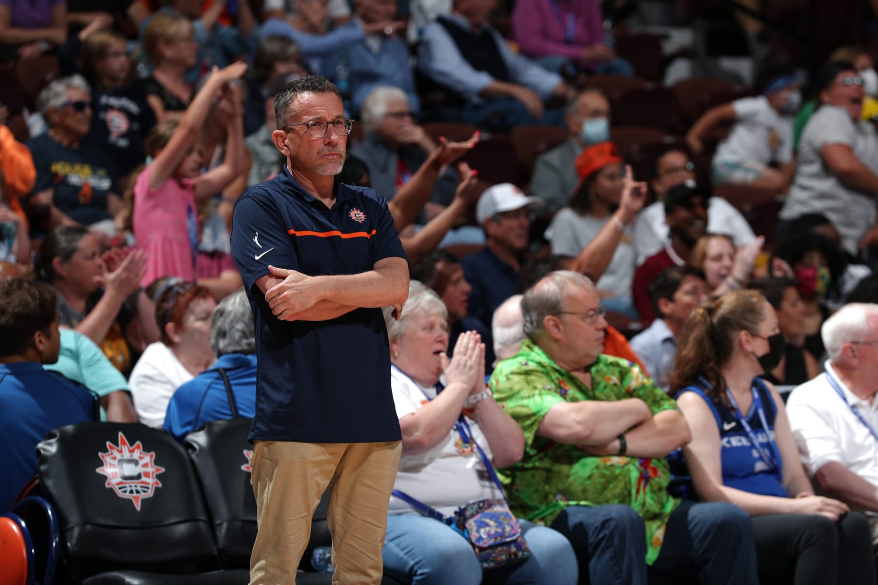 UNCASVILLE, CT - JULY 31: Head Coach Curt Miller of the Connecticut Sun looks on during the game against the Chicago Sky on July 31, 2022 at Mohegan Sun Arena in Uncasville, Connecticut.  NOTE TO USER: User expressly acknowledges and agrees that, by downloading and/or using this Photograph, user is consenting to the terms and conditions of the Getty Images License Agreement. Mandatory Copyright Notice: Copyright 2022 NBAE (Photo by Chris Marion/NBAE via Getty Images)