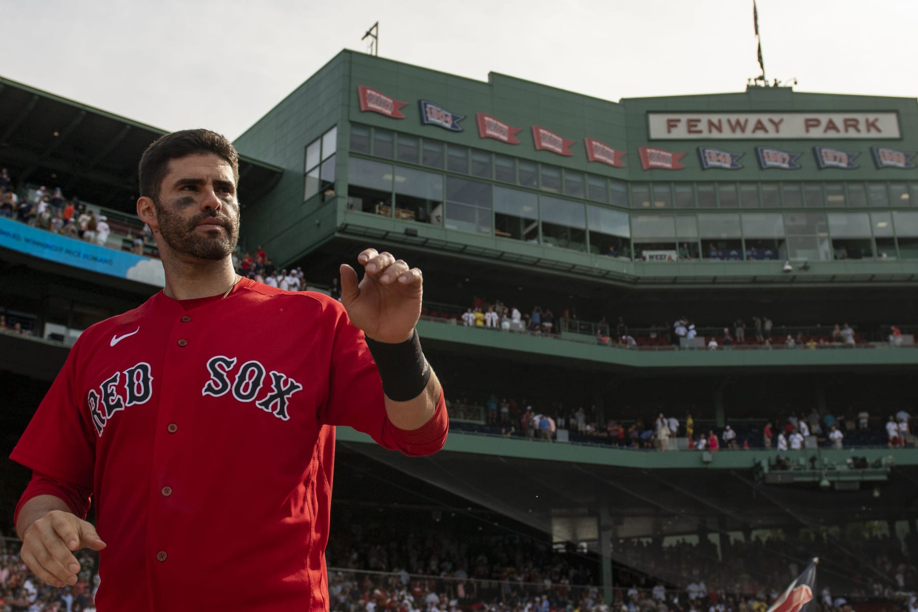 BOSTON, MA - JULY 31: J.D. Martinez #28 of the Boston Red Sox looks on after a game against the Milwaukee Brewers on July 31, 2022 at Fenway Park in Boston, Massachusetts. (Photo by Billie Weiss/Boston Red Sox/Getty Images)