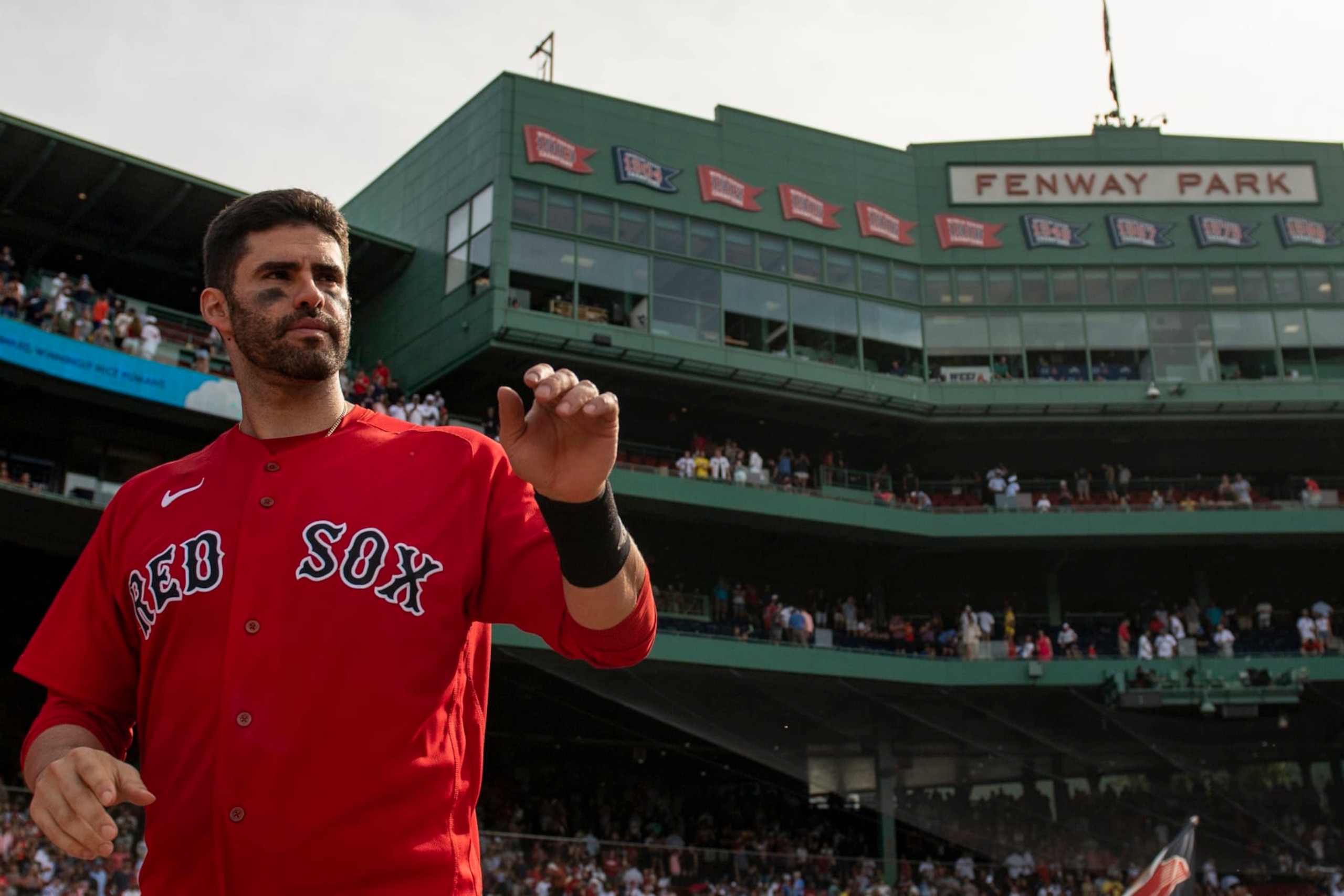 BOSTON, MA - JULY 31: J.D. Martinez #28 of the Boston Red Sox looks on after a game against the Milwaukee Brewers on July 31, 2022 at Fenway Park in Boston, Massachusetts. (Photo by Billie Weiss/Boston Red Sox/Getty Images)