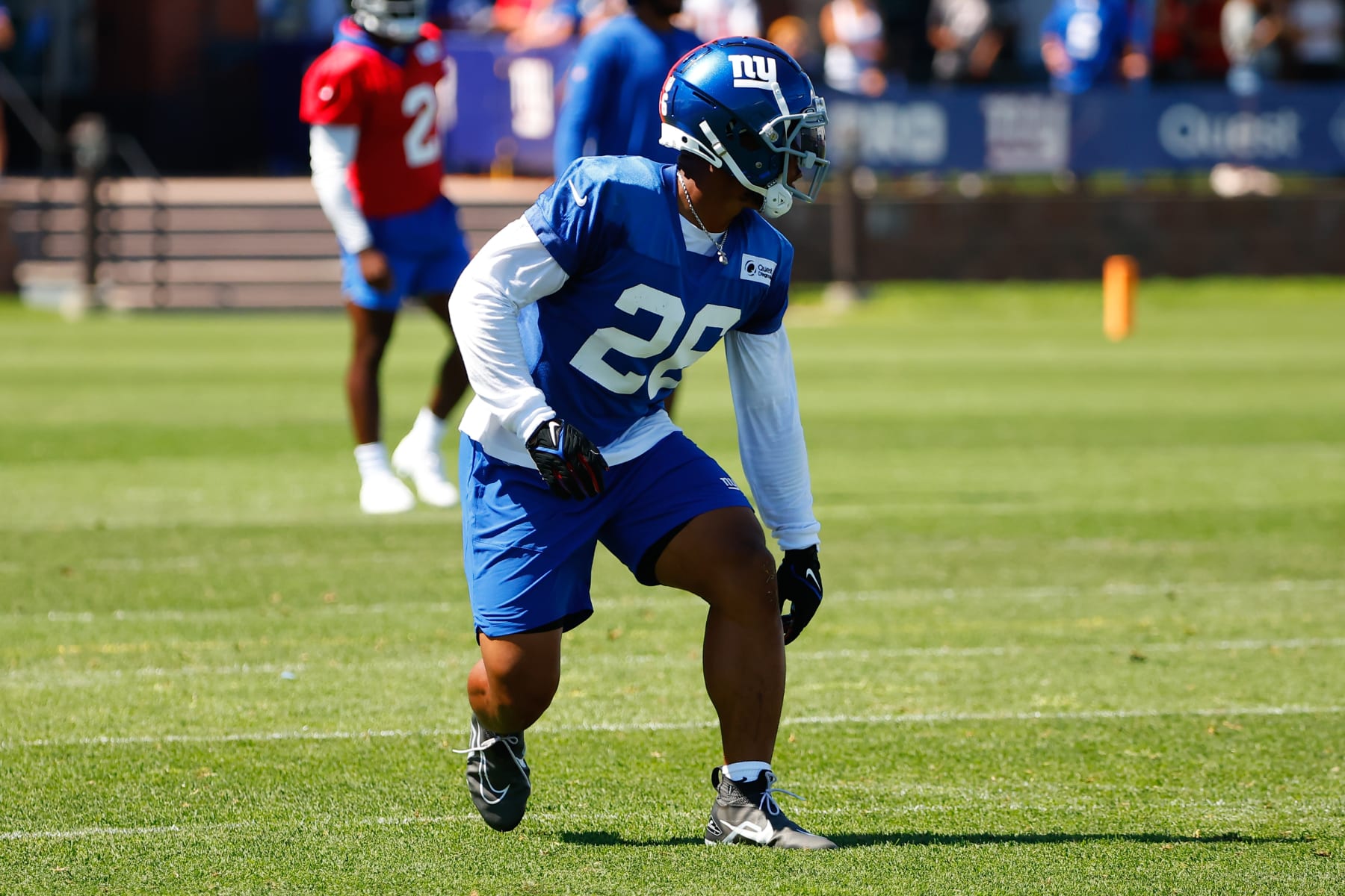 EAST RUTHERFORD, NJ - JULY 30:  Saquon Barkley (26) New York Giants running back during training camp on July 30, 2022 at Quest Diagnostics Training Center in East Rutherford, New Jersey.  (Photo by Rich Graessle/Icon Sportswire via Getty Images)