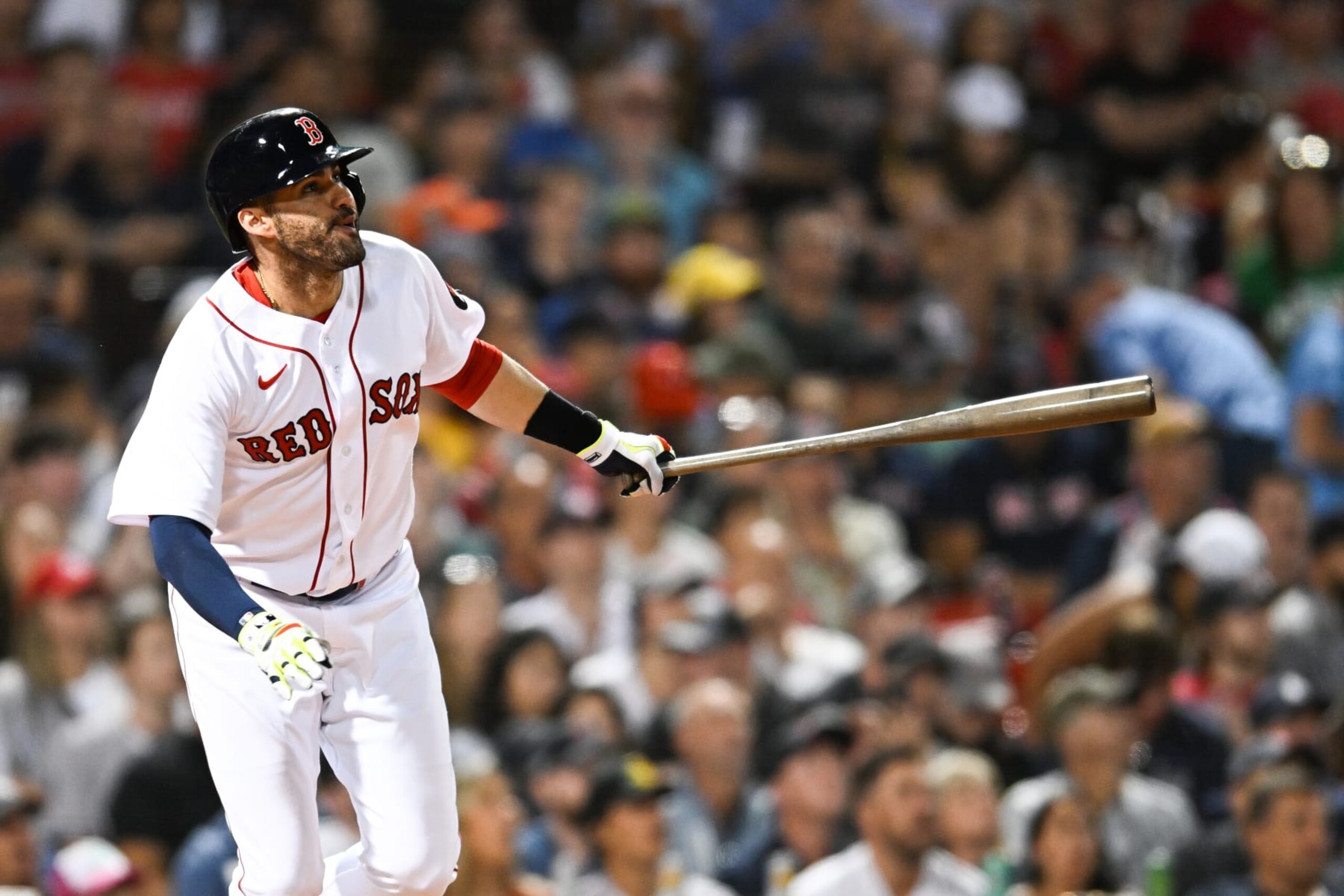 BOSTON, MA - JULY 10: J.D. Martinez #28 of the Boston Red Sox hits a two-run home run in the fifth inning against the New York Yankees at Fenway Park on July 10, 2022 in Boston, Massachusetts. (Photo by Kathryn Riley/Getty Images)
