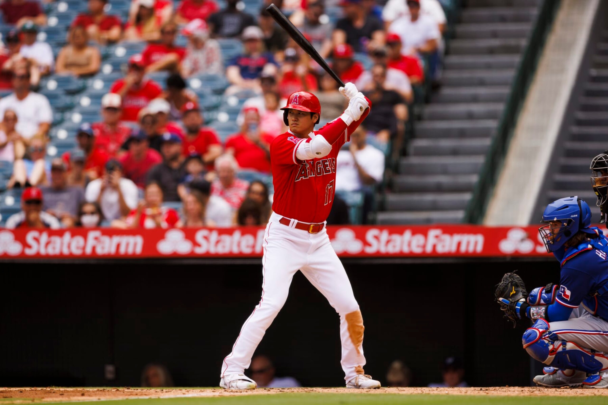 ANAHEIM, CA - JULY 31: Los Angeles Angels starting pitcher Shohei Ohtani (17) at bat during the MLB regular season game against the Texas Rangers on July 31, 2022 at Angel Stadium in Anaheim, Calif. (Photo by Ric Tapia/Icon Sportswire via Getty Images)