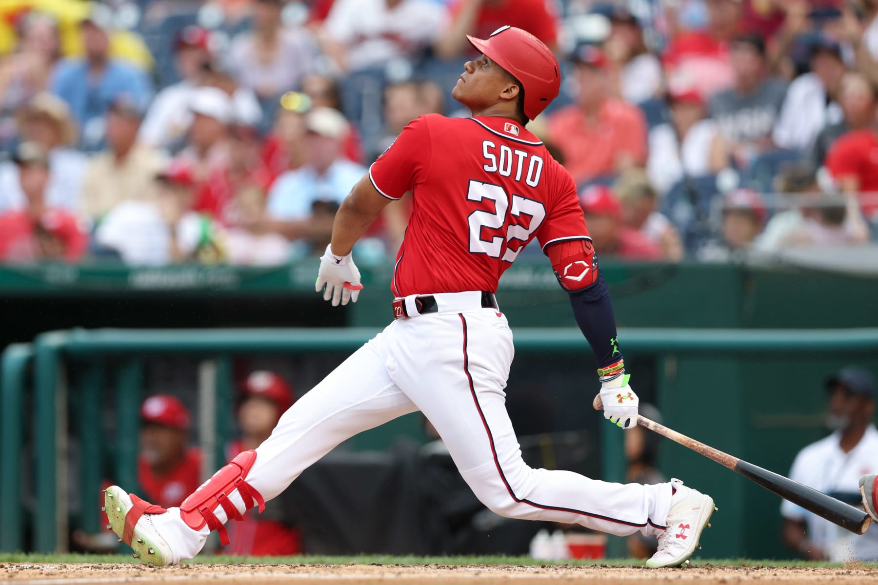 WASHINGTON, DC - JULY 31:   Juan Soto #22 of the Washington Nationals fouls during the game between the St. Louis Cardinals and the Washington Nationals at Nationals Park on Sunday, July 31, 2022 in Washington, District of Columbia. (Photo by Rob Tringali/MLB Photos via Getty Images)