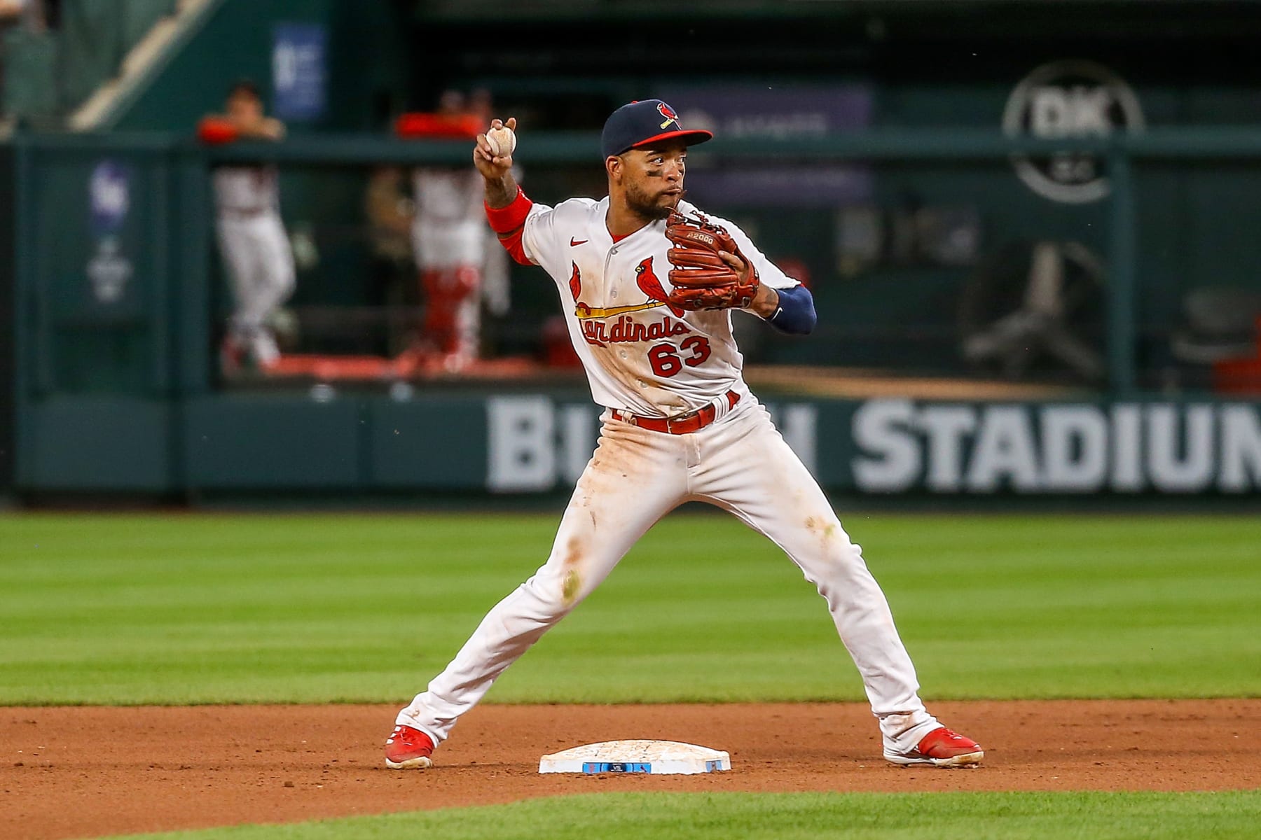 ST. LOUIS, MO - MAY 15: Edmundo Sosa #63 of the St. Louis Cardinals makes a play during the seventh inning against the San Francisco Giants at Busch Stadium on May 15, 2022 in St. Louis, Missouri. (Photo by Scott Kane/Getty Images)