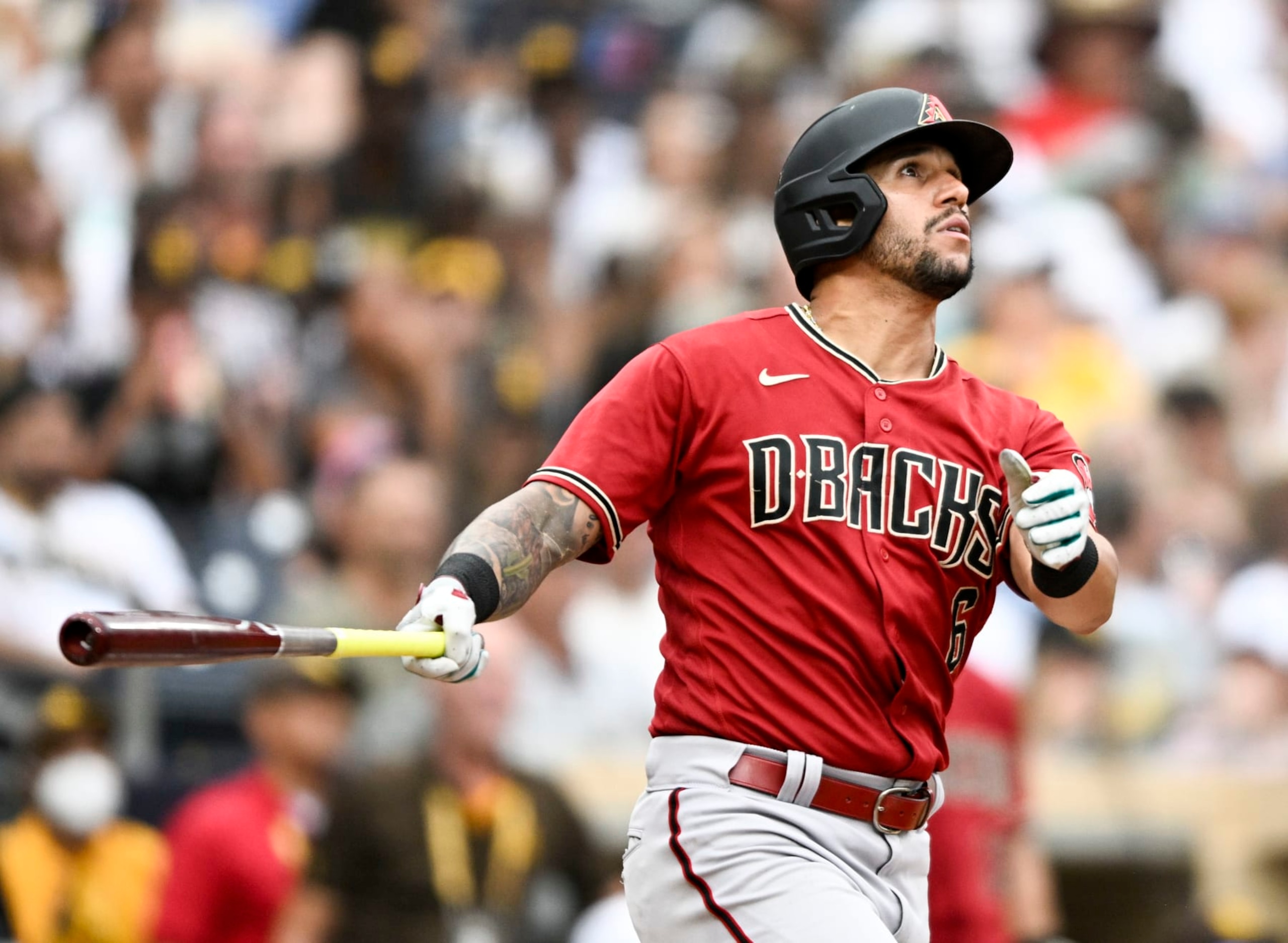 SAN DIEGO, CA - JULY 17: David Peralta #6 of the Arizona Diamondbacks watches the flight of his solo home run during the sixth inning of a baseball game against the San Diego Padres July 17, 2022 at Petco Park in San Diego, California. (Photo by Denis Poroy/Getty Images)