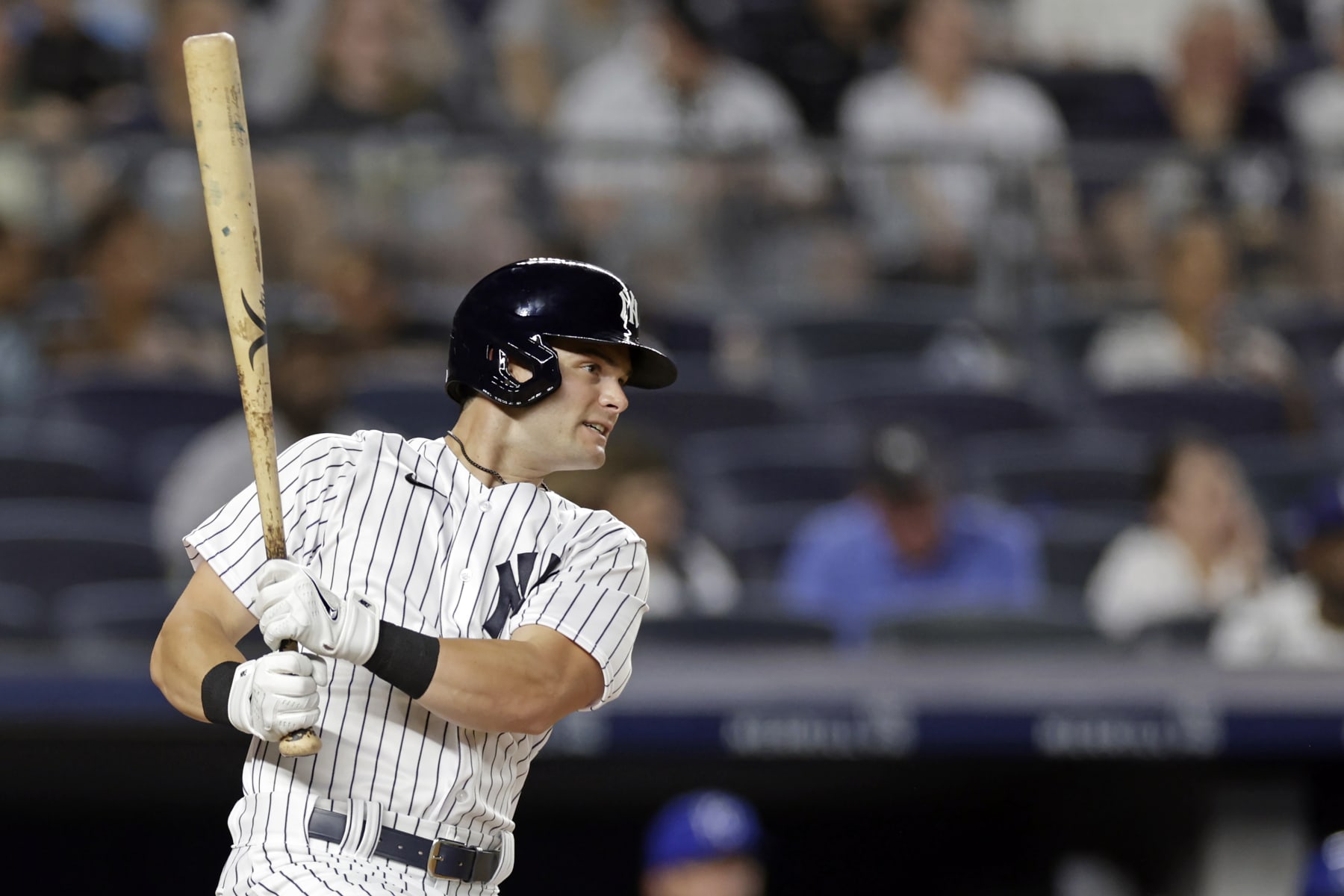 NEW YORK, NY - JULY 28: Andrew Benintendi #18 of the New York Yankees at bat against the Kansas City Royals during the sixth inning at Yankee Stadium on July 28, 2022 in New York City. (Photo by Adam Hunger/Getty Images)