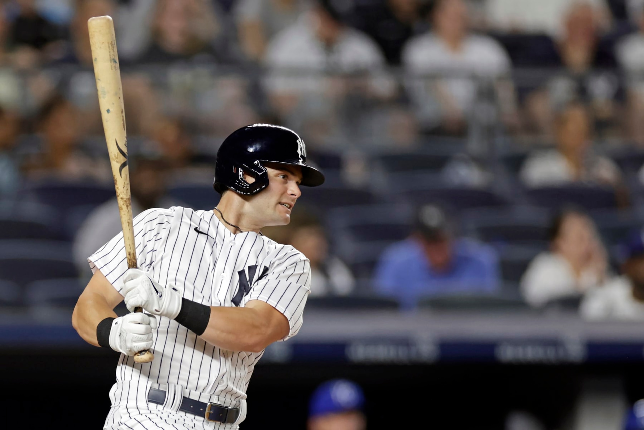 NEW YORK, NY - JULY 28: Andrew Benintendi #18 of the New York Yankees at bat against the Kansas City Royals during the sixth inning at Yankee Stadium on July 28, 2022 in New York City. (Photo by Adam Hunger/Getty Images)