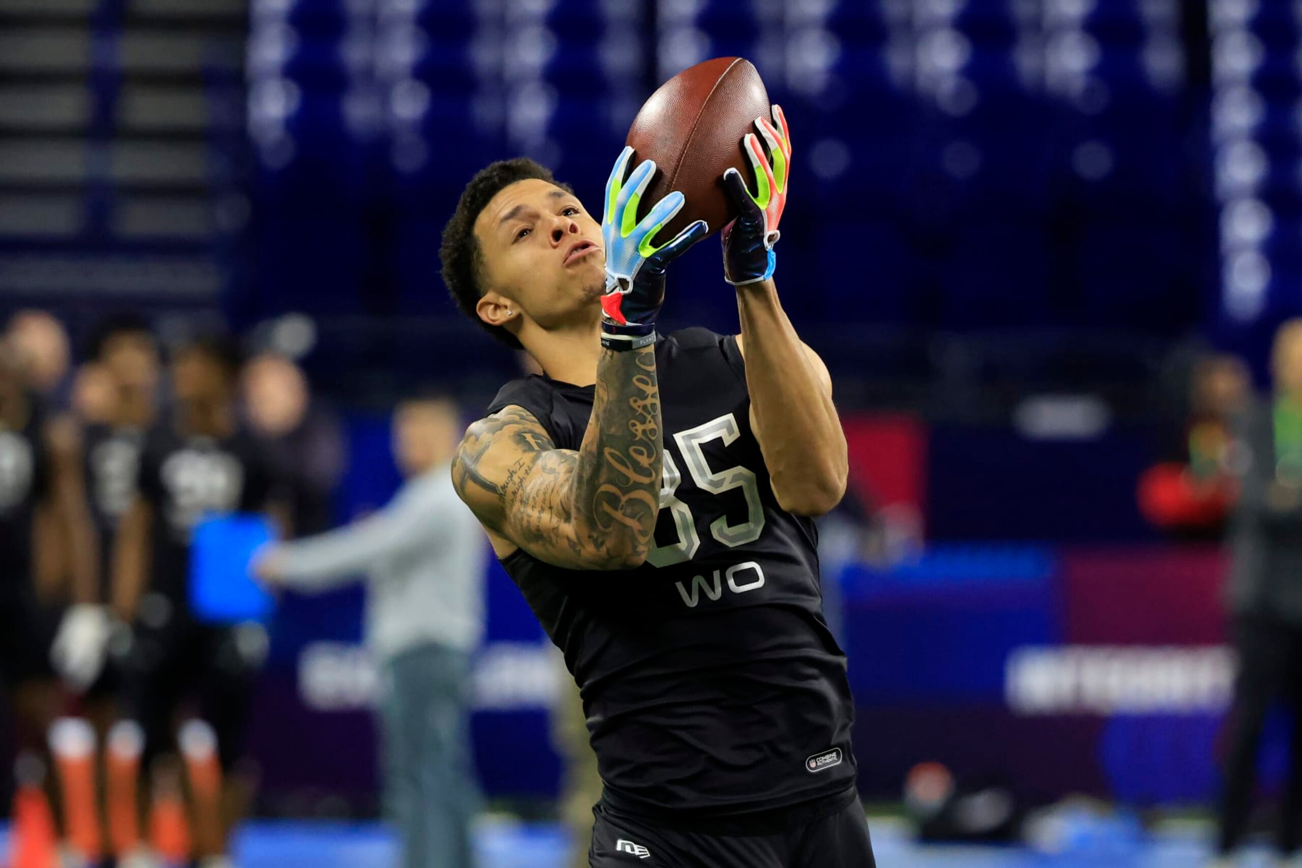 INDIANAPOLIS, INDIANA - MARCH 03: Christian Watson #WO35 of North Dakota State runs a drill during the NFL Combine at Lucas Oil Stadium on March 03, 2022 in Indianapolis, Indiana. (Photo by Justin Casterline/Getty Images)