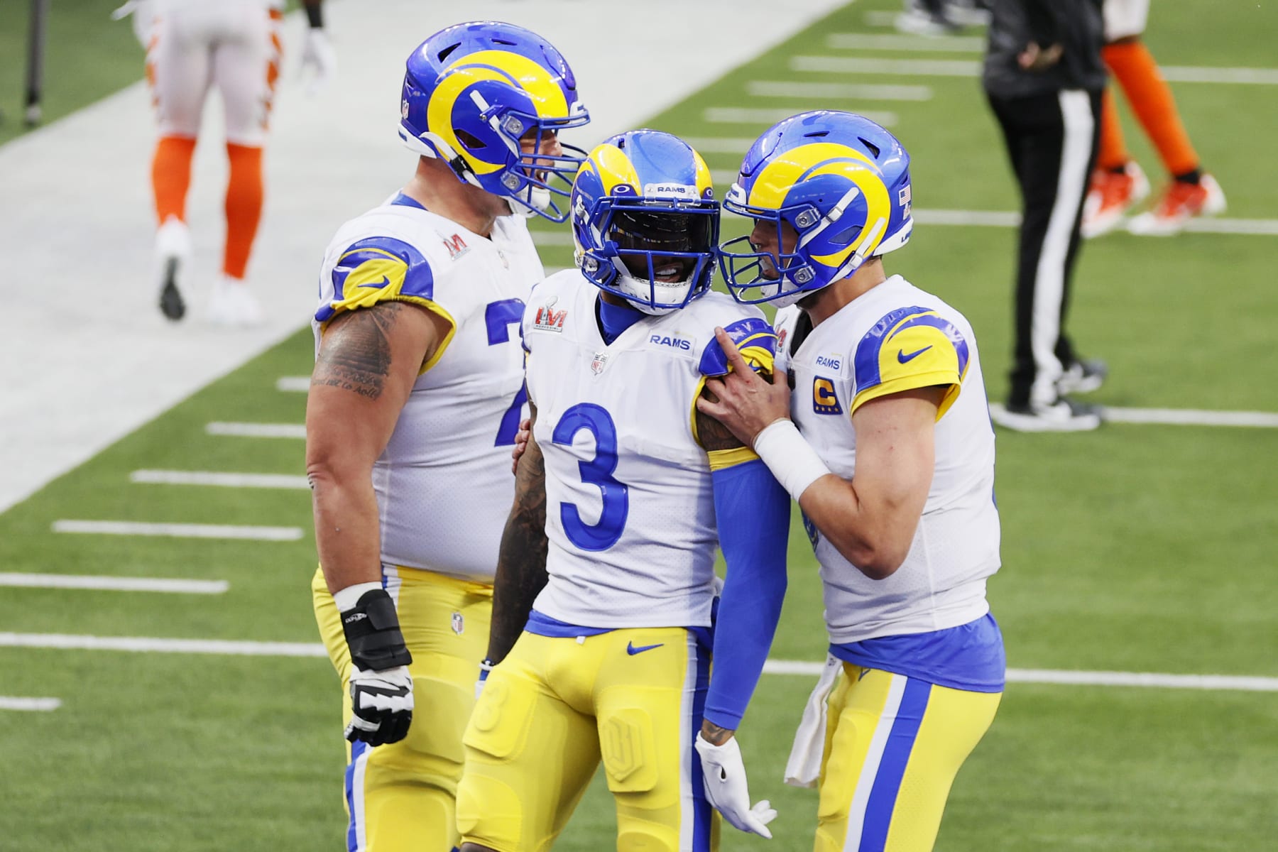 INGLEWOOD, CALIFORNIA - FEBRUARY 13: Odell Beckham Jr. #3 of the Los Angeles Rams reacts after scoring a touchdown with teammate Matthew Stafford #9 during Super Bowl LVI at SoFi Stadium on February 13, 2022 in Inglewood, California. The Los Angeles Rams defeated the Cincinnati Bengals 23-20.  (Photo by Steph Chambers/Getty Images)