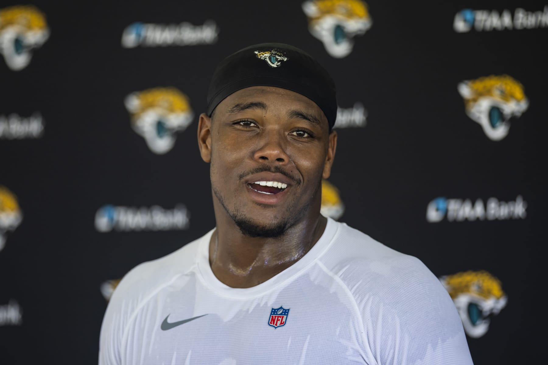 JACKSONVILLE, FLORIDA - JULY 27: Travon Walker #44 of the Jacksonville Jaguars speaks to the Media during training camp on July 27, 2022 at Episcopal High School in Jacksonville, Florida. (Photo by James Gilbert/Getty Images)