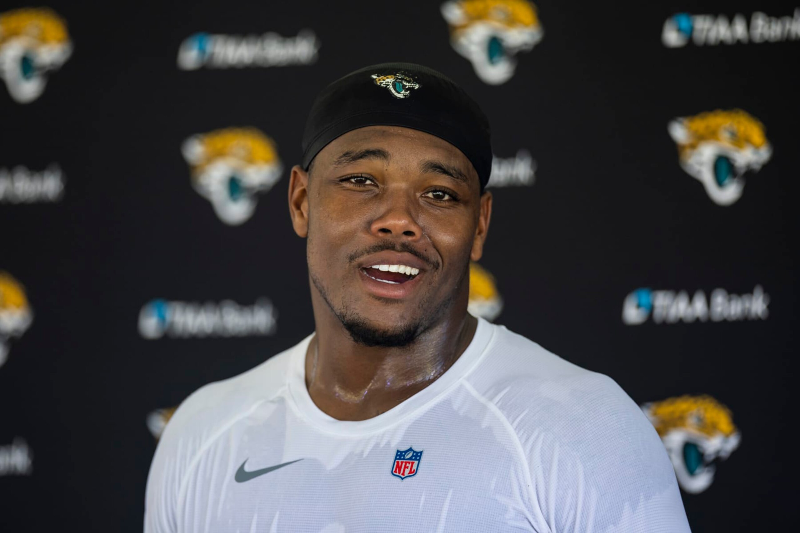 JACKSONVILLE, FLORIDA - JULY 27: Travon Walker #44 of the Jacksonville Jaguars speaks to the Media during training camp on July 27, 2022 at Episcopal High School in Jacksonville, Florida. (Photo by James Gilbert/Getty Images)