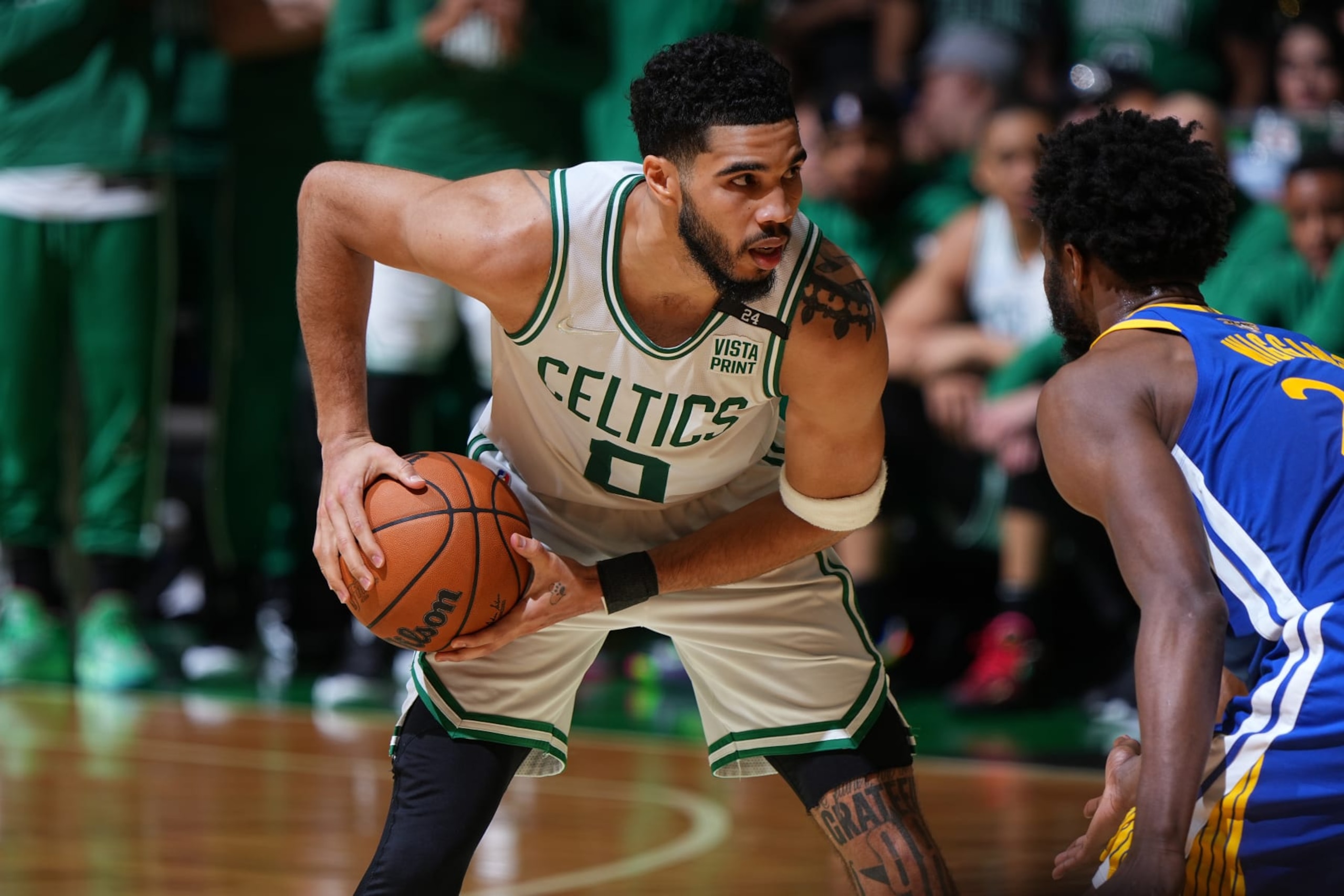 BOSTON, MA - JUNE 16: Jayson Tatum #0 of the Boston Celtics looks to drive to the basket against the Golden State Warriors during Game Six of the 2022 NBA Finals on June 16, 2022 at TD Garden in Boston, Massachusetts. NOTE TO USER: User expressly acknowledges and agrees that, by downloading and or using this photograph, user is consenting to the terms and conditions of Getty Images License Agreement. Mandatory Copyright Notice: Copyright 2022 NBAE (Photo by Garrett Ellwood/NBAE via Getty Images) BOSTON, MA - JUNE 16: Jayson Tatum #0 of the Boston Celtics looks to drive to the basket against the Golden State Warriors during Game Six of the 2022 NBA Finals on June 16, 2022 at TD Garden in Boston, Massachusetts. NOTE TO USER: User expressly acknowledges and agrees that, by downloading and or using this photograph, user is consenting to the terms and conditions of Getty Images License Agreement. Mandatory Copyright Notice: Copyright 2022 NBAE (Photo by Garrett Ellwood/NBAE via Getty Images)