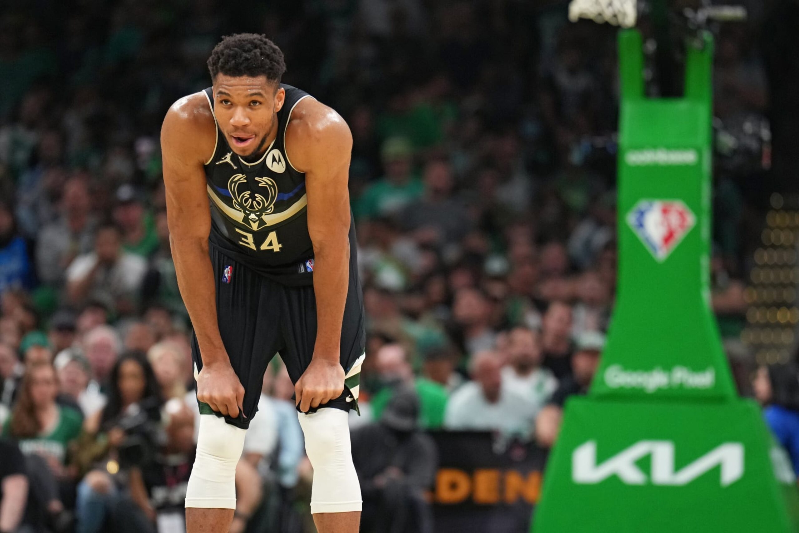 BOSTON, MA - MAY 15: Giannis Antetokounmpo #34 of the Milwaukee Bucks looks on during Game 7 of the 2022 NBA Playoffs Eastern Conference Semifinals on May 15, 2022 at TD Garden in Boston, Massachusets. NOTE TO USER: User expressly acknowledges and agrees that, by downloading and/or using this Photograph, user is consenting to the terms and conditions of the Getty Images License Agreement. Mandatory Copyright Notice: Copyright 2022 NBAE (Photo by Jesse D. Garrabrant/NBAE via Getty Images) BOSTON, MA - MAY 15: Giannis Antetokounmpo #34 of the Milwaukee Bucks looks on during Game 7 of the 2022 NBA Playoffs Eastern Conference Semifinals on May 15, 2022 at TD Garden in Boston, Massachusets. NOTE TO USER: User expressly acknowledges and agrees that, by downloading and/or using this Photograph, user is consenting to the terms and conditions of the Getty Images License Agreement. Mandatory Copyright Notice: Copyright 2022 NBAE (Photo by Jesse D. Garrabrant/NBAE via Getty Images)