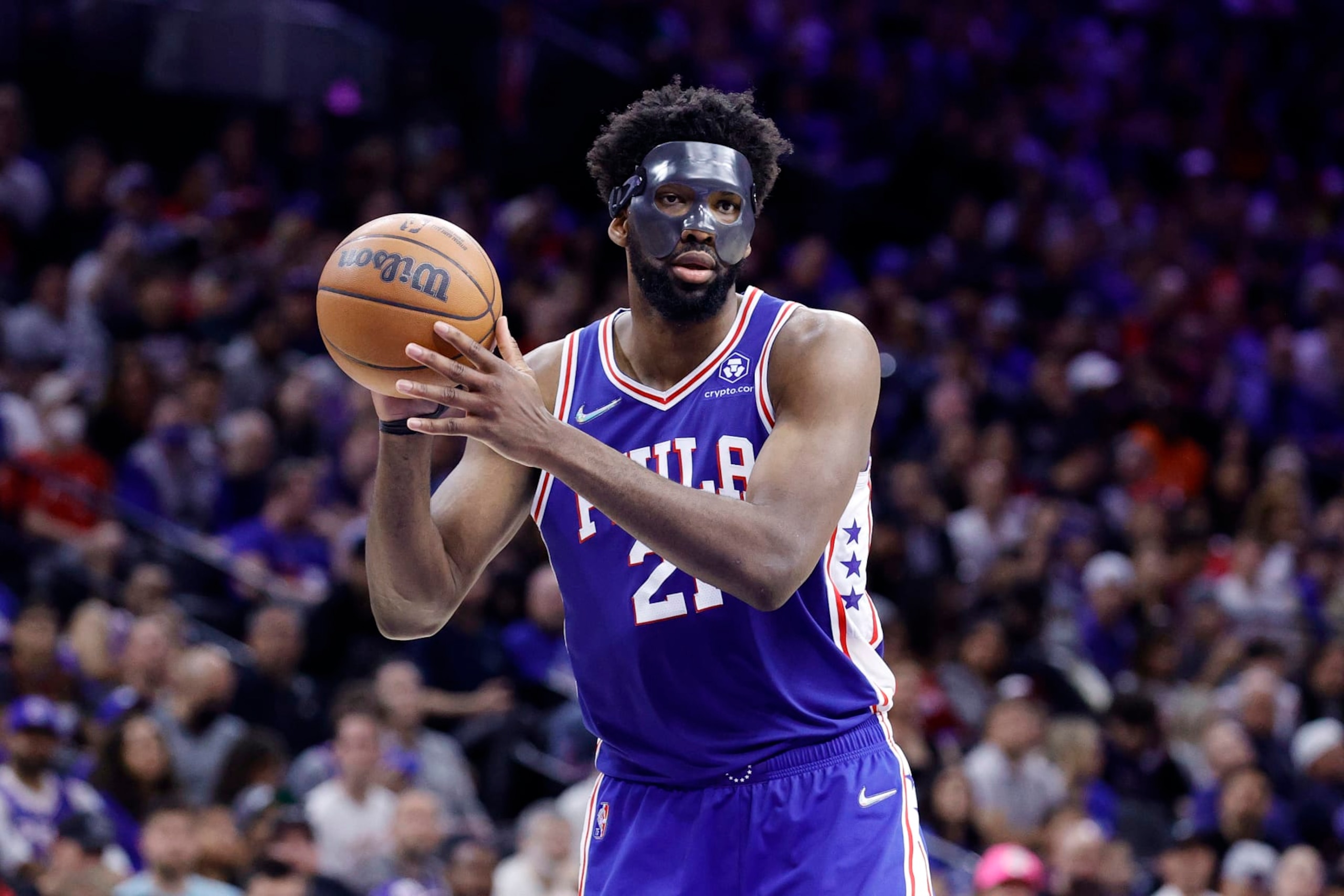 PHILADELPHIA, PENNSYLVANIA - MAY 12: Joel Embiid #21 of the Philadelphia 76ers handles the ball during the second half against the Miami Heat in Game Six of the 2022 NBA Playoffs Eastern Conference Semifinals at Wells Fargo Center on May 12, 2022 in Philadelphia, Pennsylvania. NOTE TO USER: User expressly acknowledges and agrees that, by downloading and/or using this photograph, User is consenting to the terms and conditions of the Getty Images License Agreement. (Photo by Tim Nwachukwu/Getty Images) PHILADELPHIA, PENNSYLVANIA - MAY 12: Joel Embiid #21 of the Philadelphia 76ers handles the ball during the second half against the Miami Heat in Game Six of the 2022 NBA Playoffs Eastern Conference Semifinals at Wells Fargo Center on May 12, 2022 in Philadelphia, Pennsylvania. NOTE TO USER: User expressly acknowledges and agrees that, by downloading and/or using this photograph, User is consenting to the terms and conditions of the Getty Images License Agreement. (Photo by Tim Nwachukwu/Getty Images)