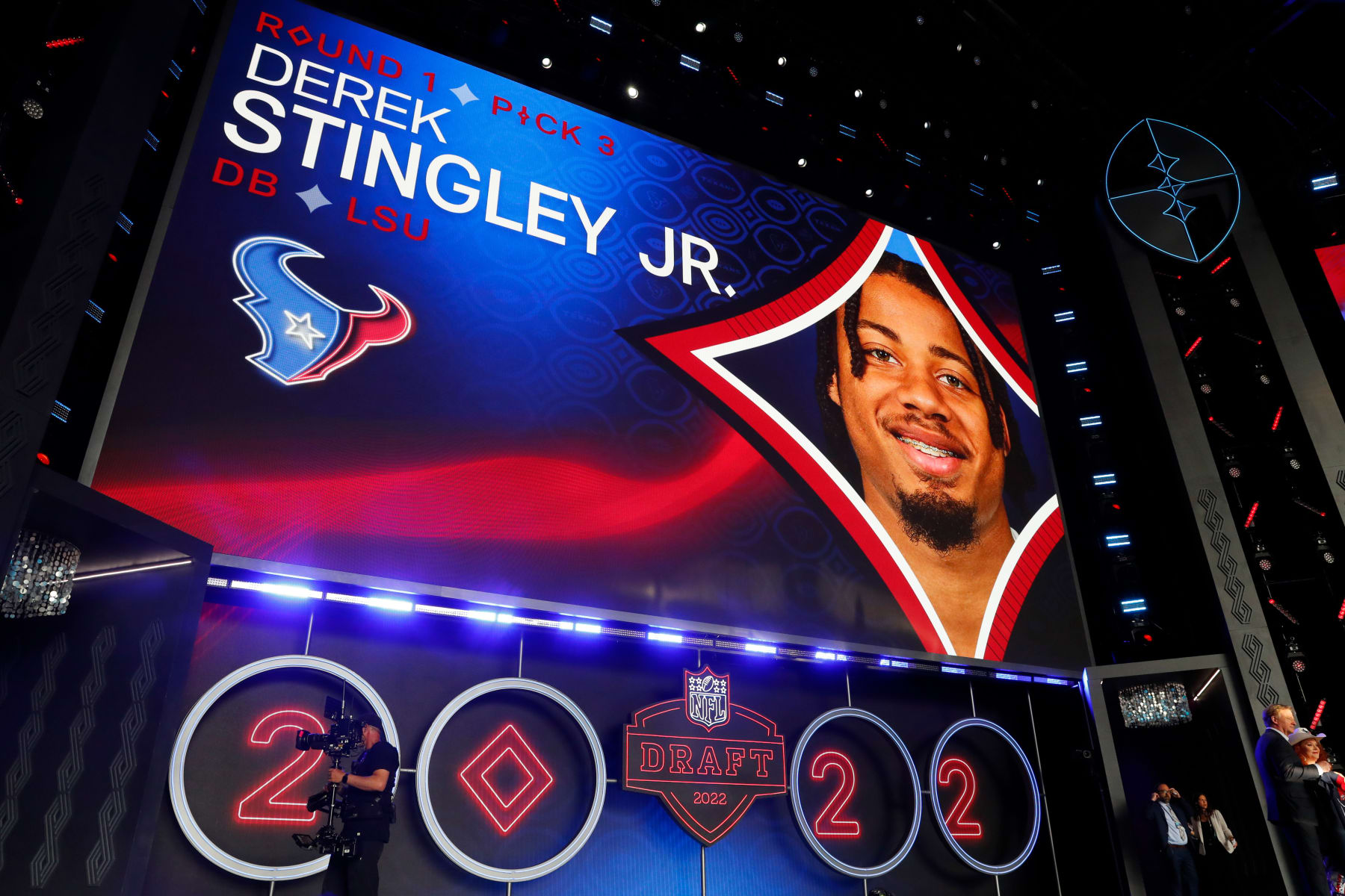LAS VEGAS, NV - APRIL 28: Derek Stingley Jr., LSU, is selected as the overall number three draft pick by the Houston Texans during the NFL Draft on April 28, 2022 in Las Vegas, Nevada. (Photo by Jeff Speer/Icon Sportswire via Getty Images)