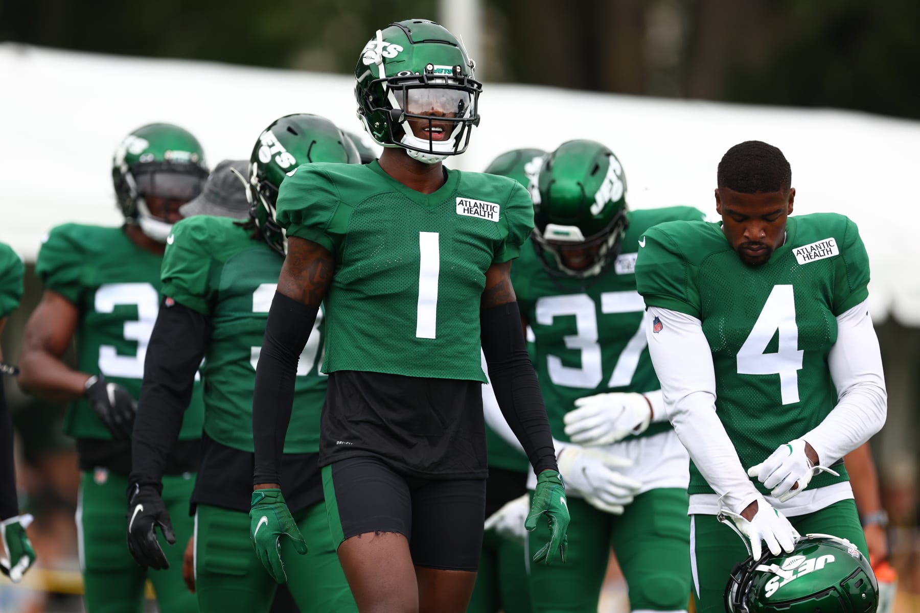 FLORHAM PARK, NJ - AUGUST 01: Cornerback Sauce Gardner #1 of the New York Jets looks on during training camp at Atlantic Health Jets Training Center on August 1, 2022 in Florham Park, New Jersey. (Photo by Rich Schultz/Getty Images)