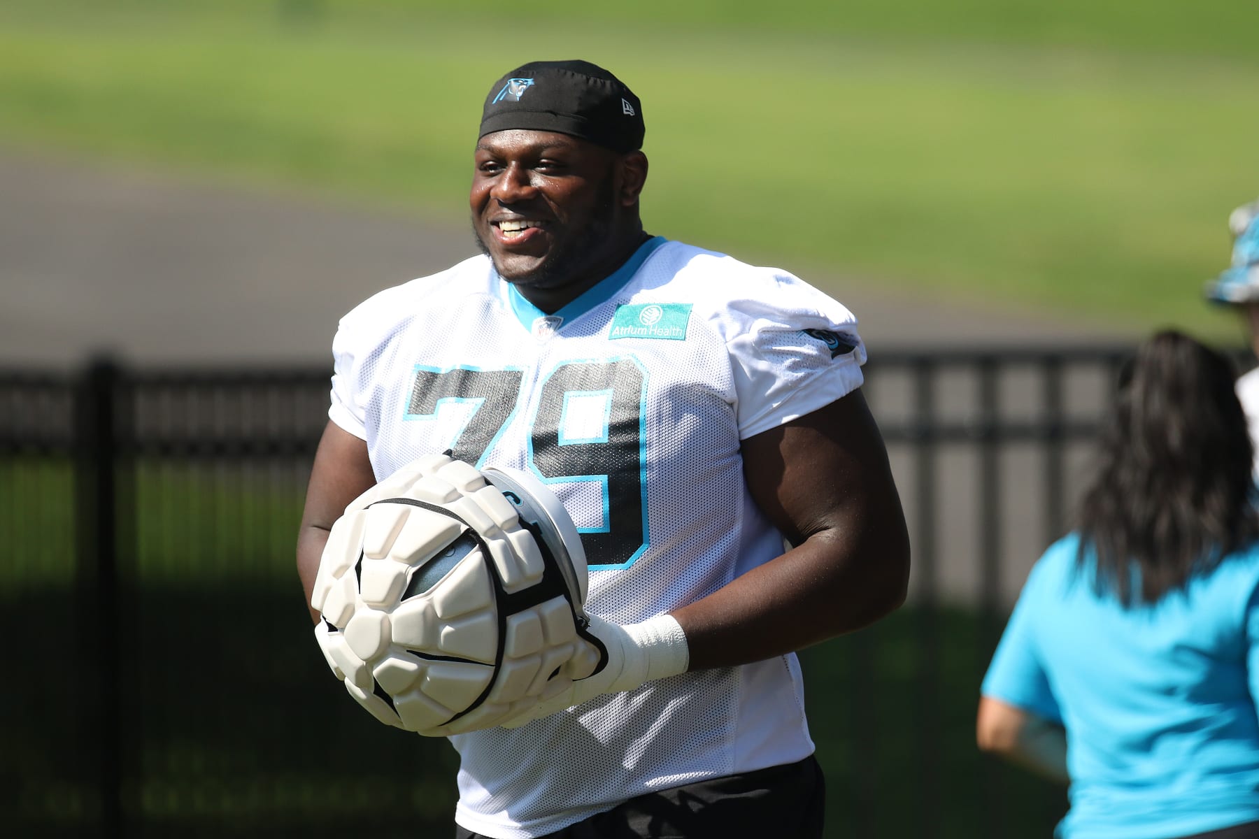 SPARTANBURG, SC - JULY 28: Carolina Panthers tackle Ikem Ekwonu (79) walks to the practice field during the Carolina Panthers training camp at Wofford College in Spartanburg, S.C. on July 28, 2022. (Photo by John Byrum/Icon Sportswire via Getty Images)